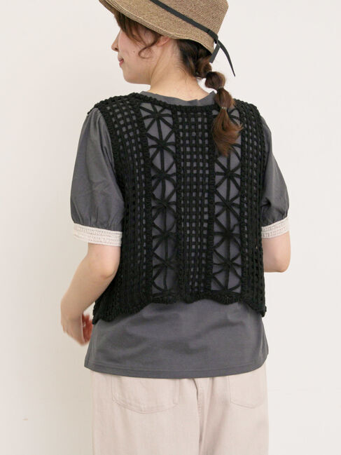 Samansa Mos2「【汗染み防止】袖口レースパフスリーブTシャツ」|Tシャツ・カットソー|