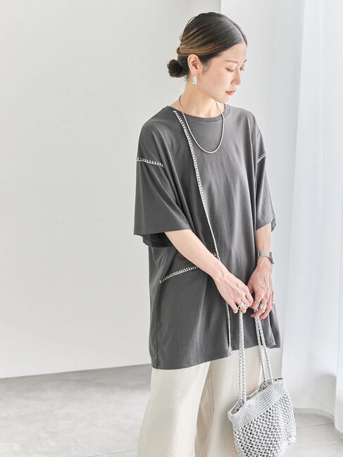 Samansa Mos2 blue「◎【接触冷感】切替ステッチチュニック」|Tシャツ・カットソー|