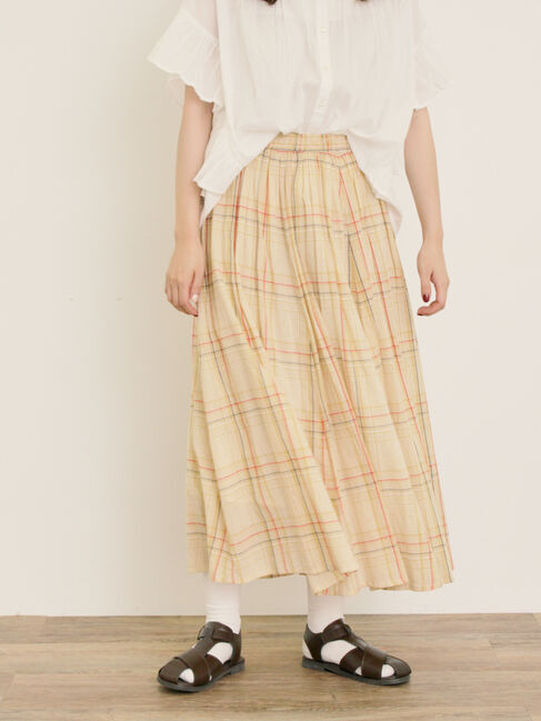 Samansa Mos2「インドボイルチェック柄ギャザースカート」|スカート|ベージュ
