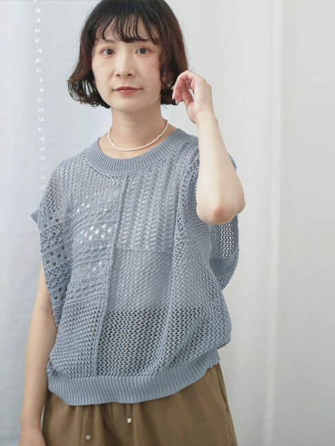 Samansa Mos2 blue「麻タッチパッチワークニットベスト」|ニット・セーター|