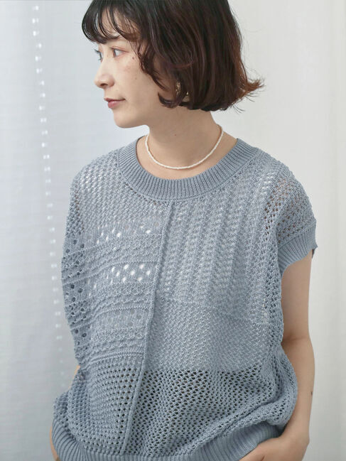 Samansa Mos2 blue「麻タッチパッチワークニットベスト」|ニット・セーター|