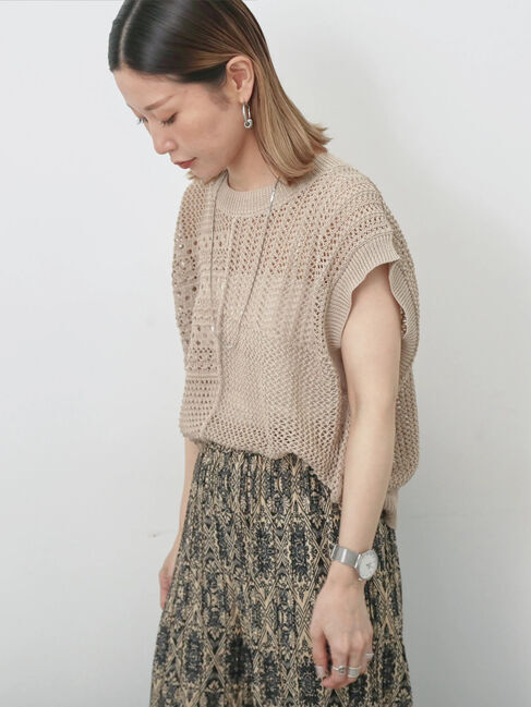 Samansa Mos2 blue「麻タッチパッチワークニットベスト」|ニット・セーター|