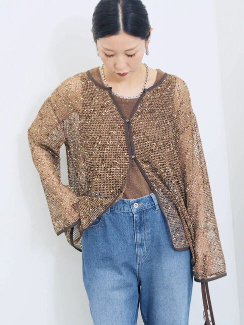 Samansa Mos2 blue「前後2wayメッシュレースカーディガン」|カーディガン|ブラウン