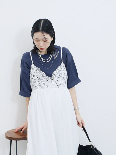 Samansa Mos2 blue「チェーン刺繍7分袖プルオーバー」|Tシャツ・カットソー|