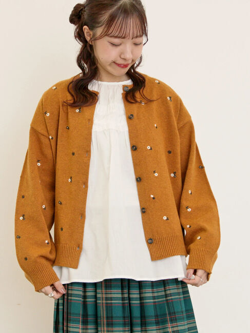 Samansa Mos2「花柄総刺繍ニットカーディガン」|カーディガン|オレンジ