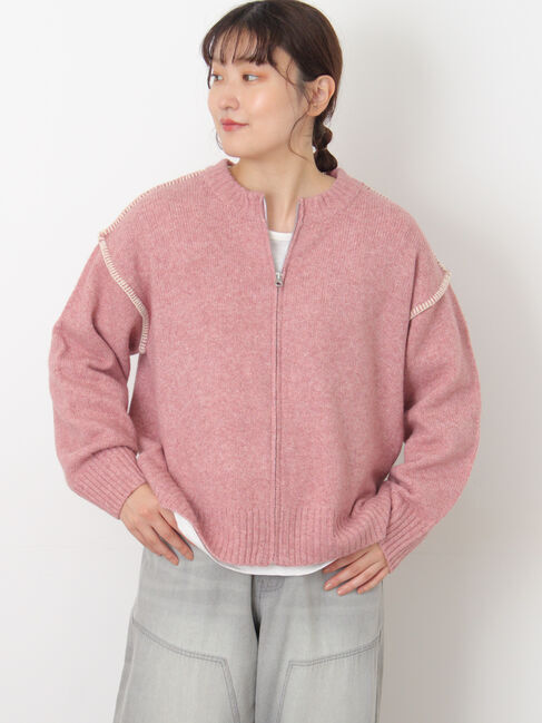 Samansa Mos2「かがりステッチZIPニットカーディガン」|カーディガン|ピンク