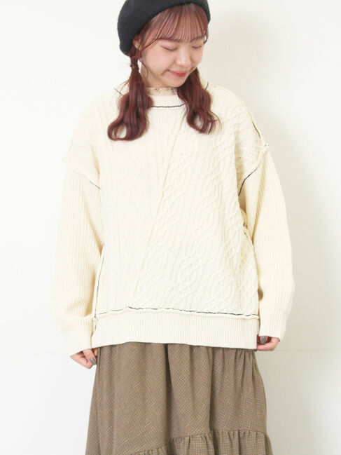 Samansa Mos2「ケーブルパッチワークステッチプルオーバー」|ニット・セーター|