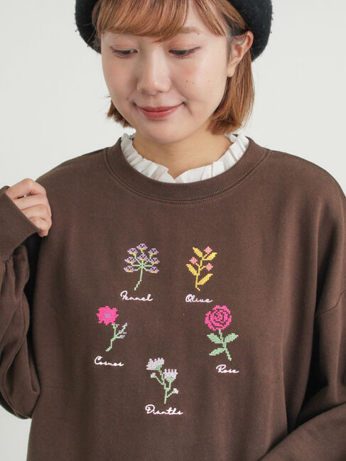 Samansa Mos2「クロスステッチフラワー刺繍スウェット」|Tシャツ・カットソー|