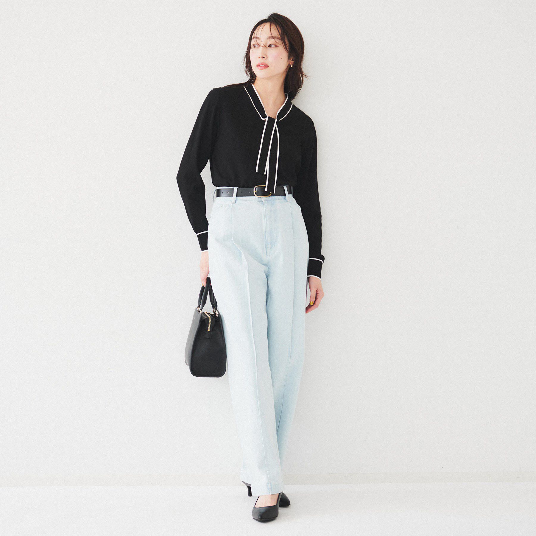 UNTITLED「【アンサンブル可能】ボウタイ 配色プルオーバーニット」|ニット・セーター|