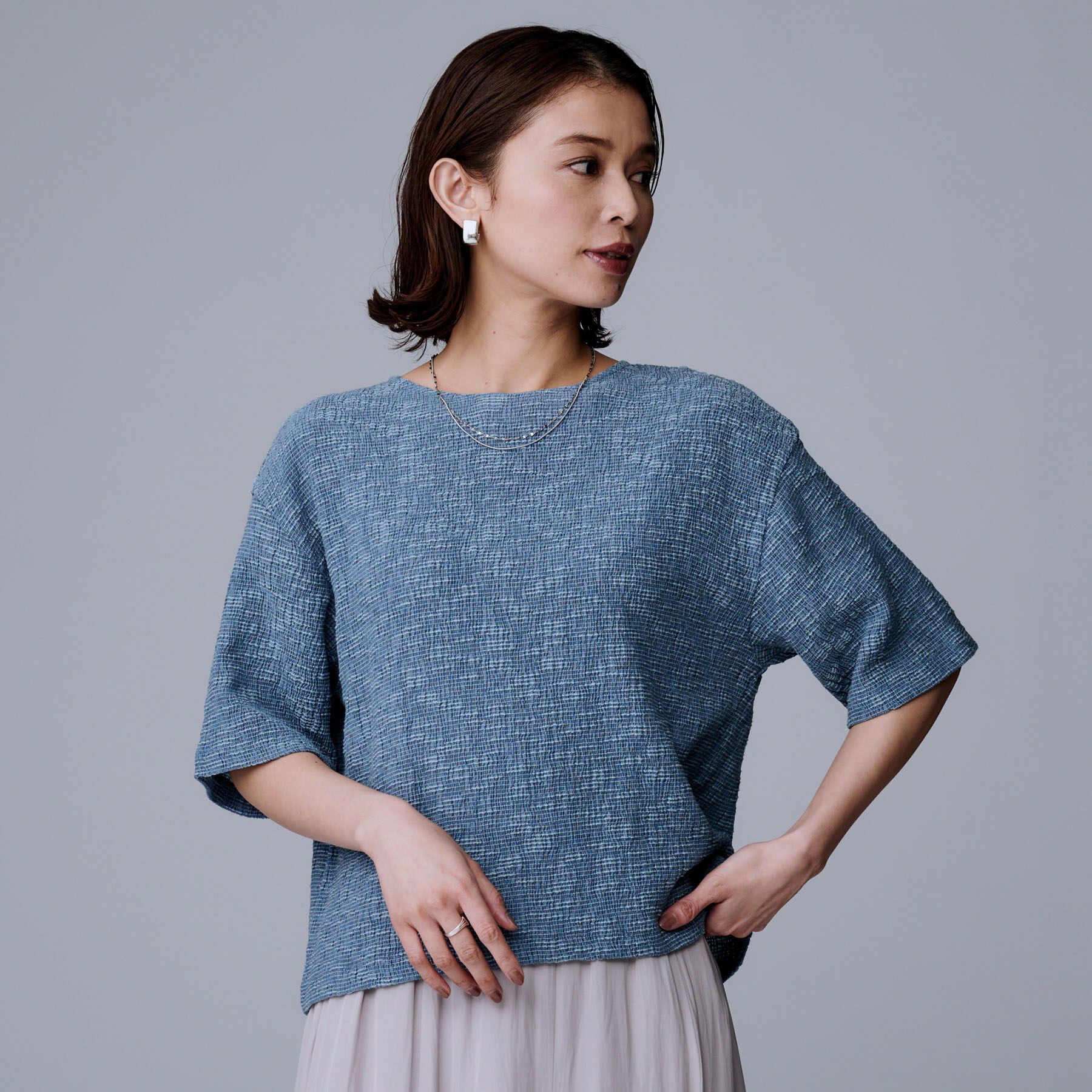 UNTITLED「【五分袖/ジャージトップス】スラブカールマイヤープルオーバー」|Tシャツ・カットソー|ブルー(092)