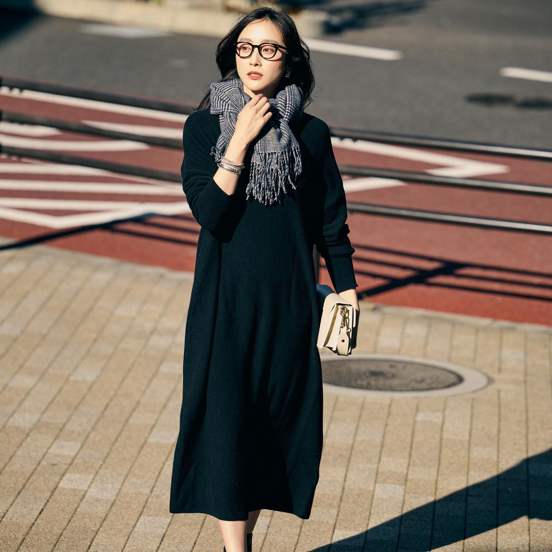 UNTITLED「【ロング丈/ゆったりシルエット】テントライン ニットワンピース」|ワンピース|ブラック(019)