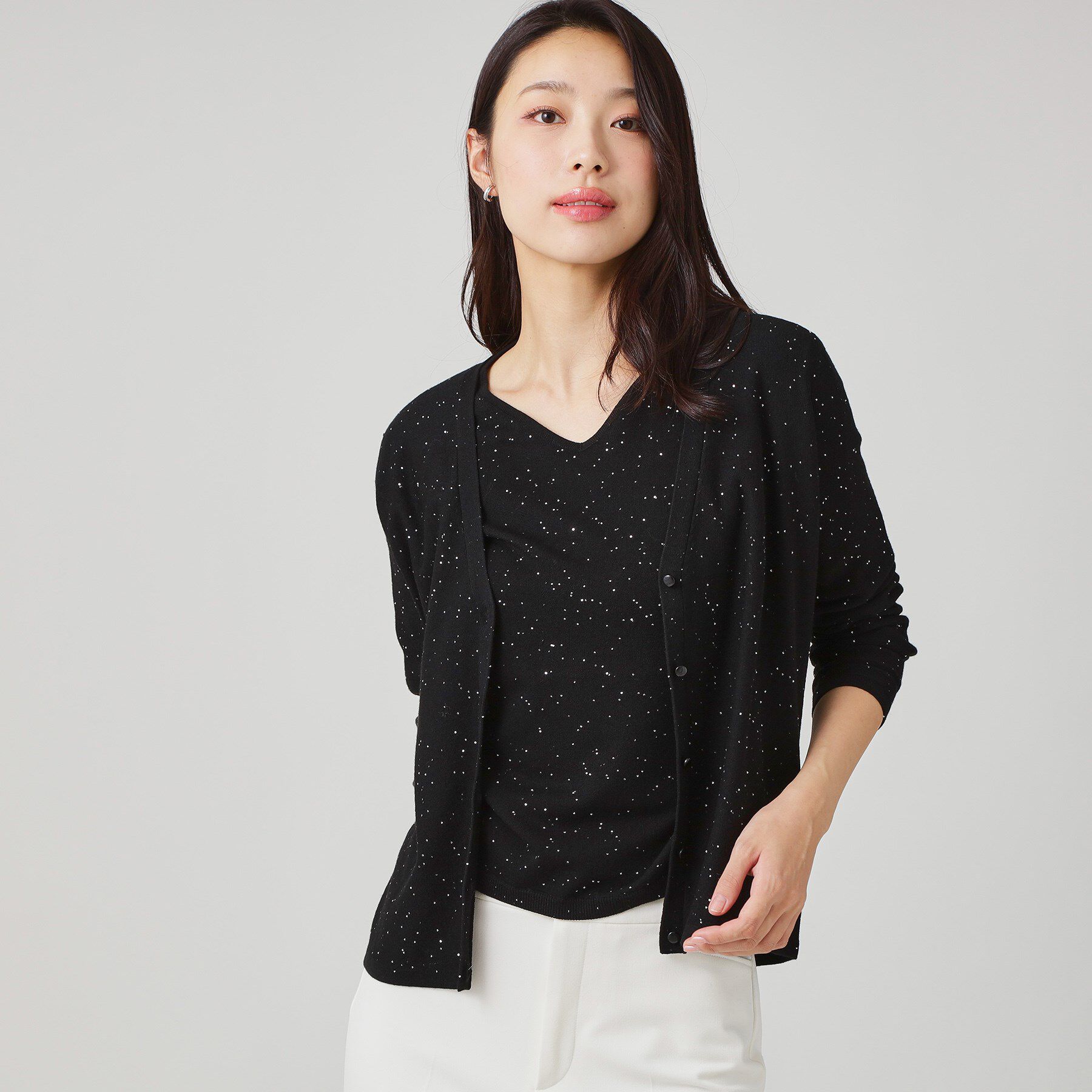 COUP DE CHANCE「【手洗い可】スパンコール入ニットカーディガン」|カーディガン|ブラック(019)
