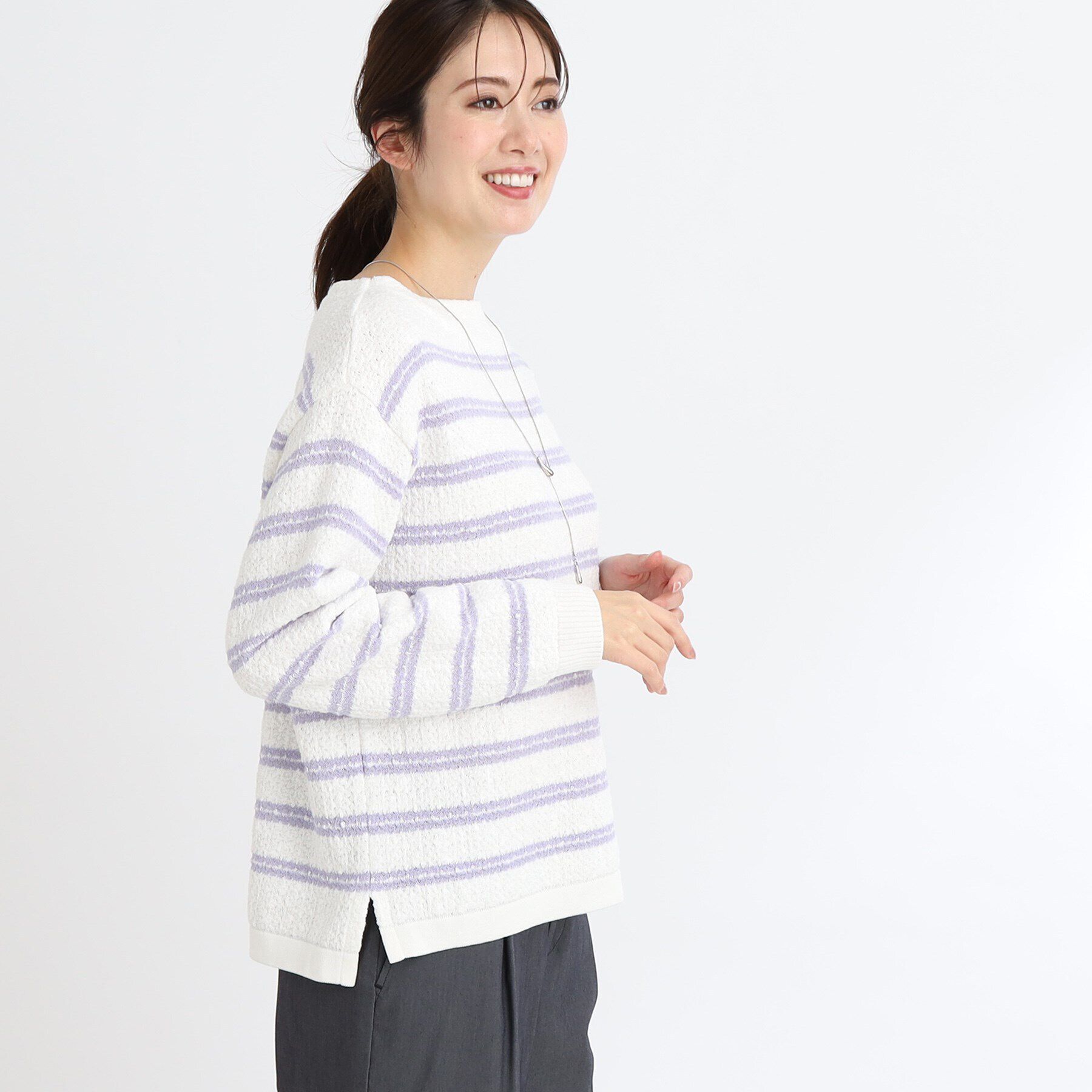 Reflect「ボートネックボーダーニット」|ニット・セーター|ラベンダー(380)