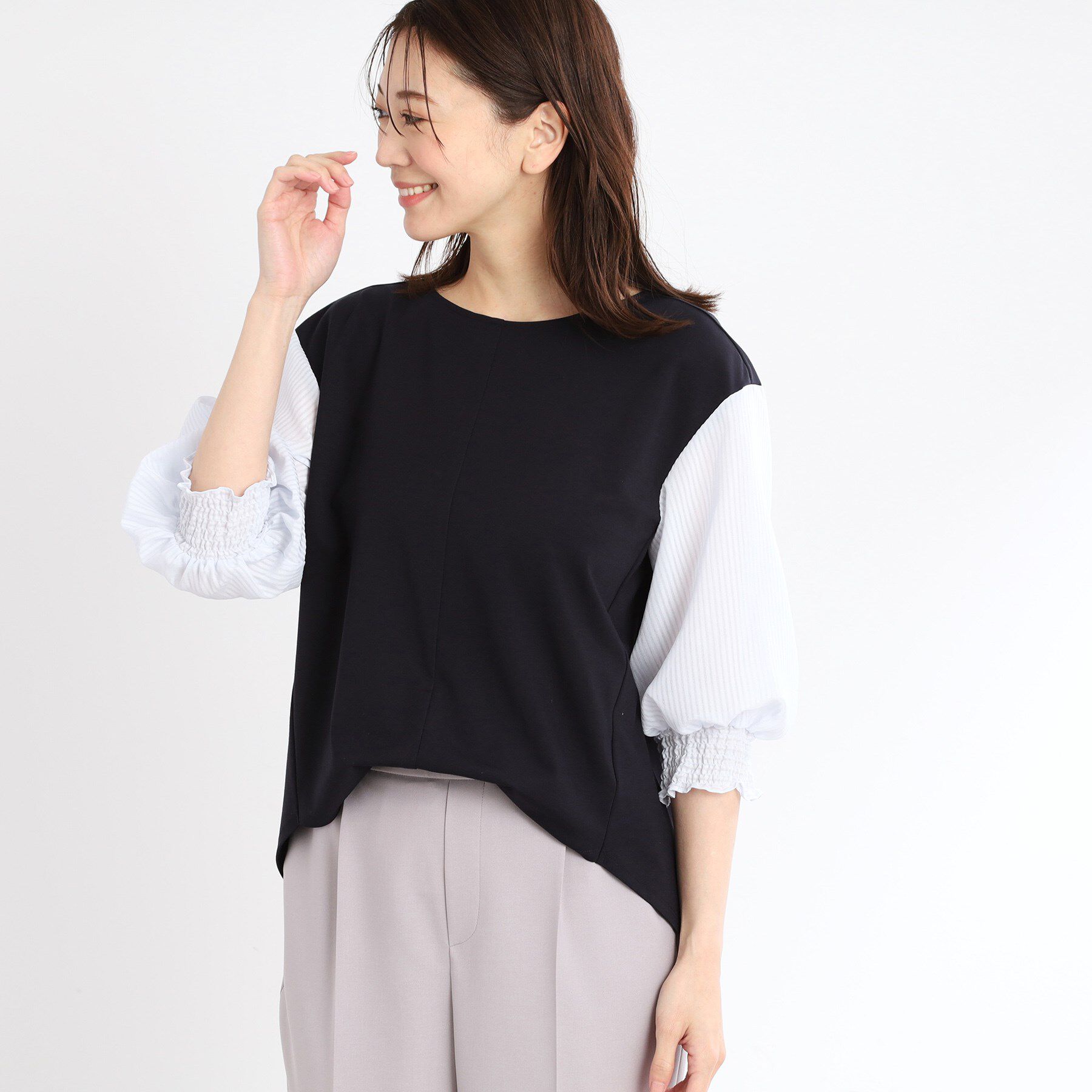 Reflect「【手洗い可】シアーストライプスリーブブラウス」|シャツ・ブラウス|