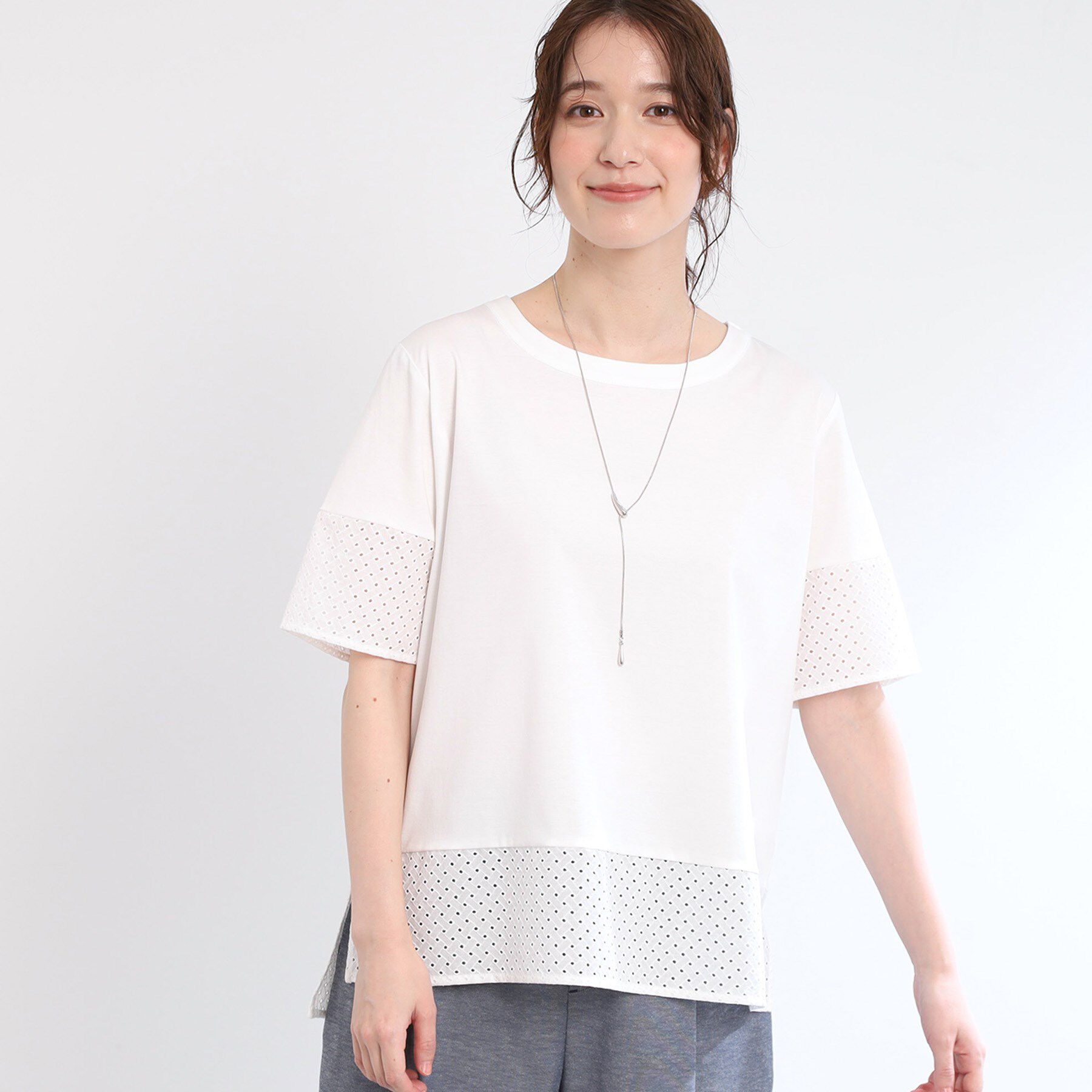 Reflect「【夏SALE／E‐QUALITY／手洗い可】コットンレースドッキングTシャツ」|Tシャツ・カットソー|オフホワイト(003