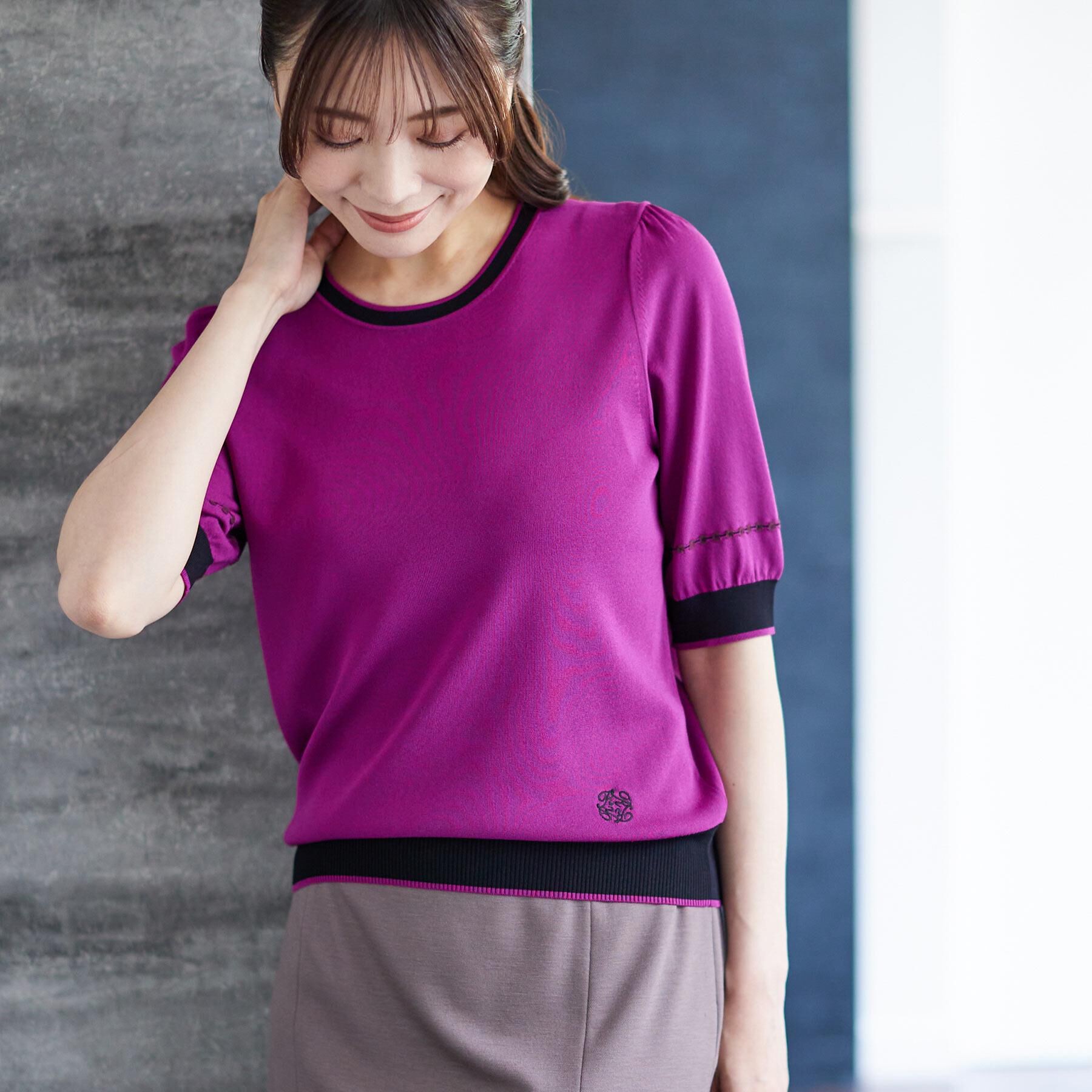 Reflect「【WEB先行カラーあり／手洗い可／アンサンブル可】バイカラー五分袖ニット」|ニット・セーター|ピンク(574)