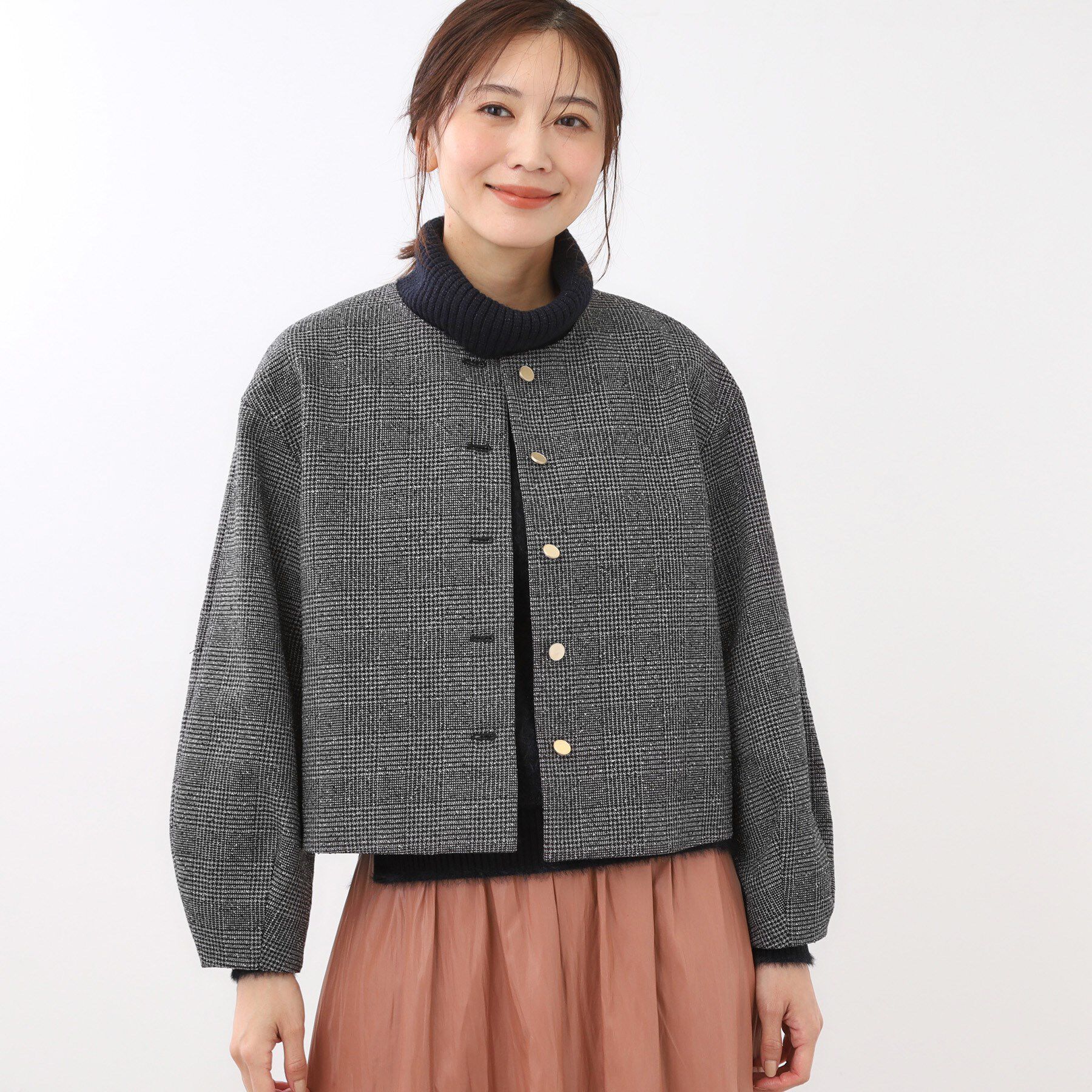 Reflect「【着映え◎／アームホールゆったり】グレンチェックジャコット」|ノーカラージャケット|チャコールグレー(2