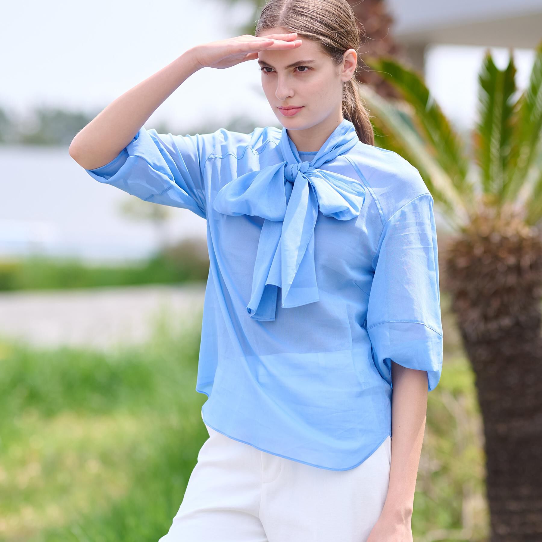 DRESSTERIOR「【2WAY/清涼感】袖ボリュームシア―ボウタイブラウス」|シャツ・ブラウス|