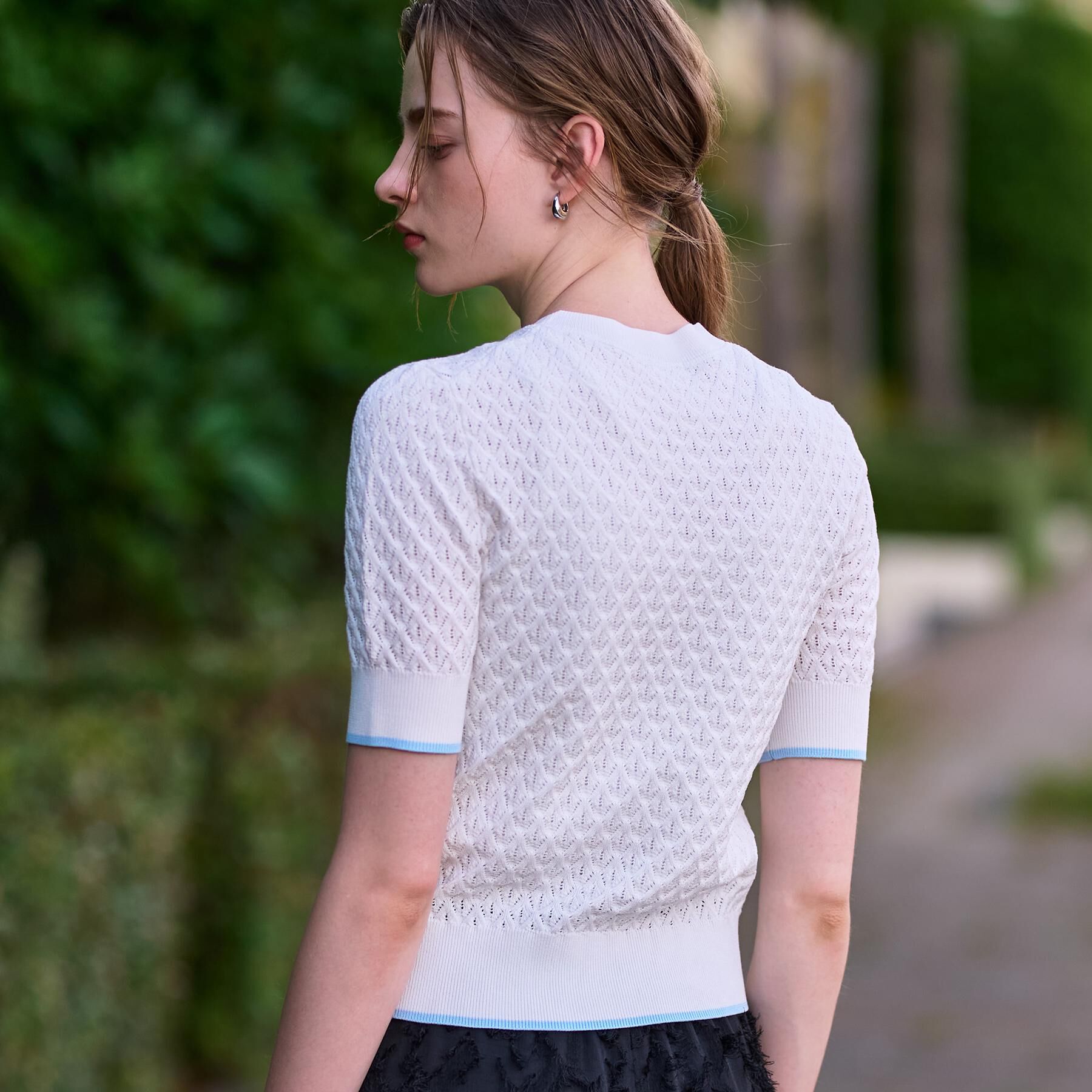 DRESSTERIOR「【6色展開/オンオフ】レース編みハーフスリーブニット」|ニット・セーター|