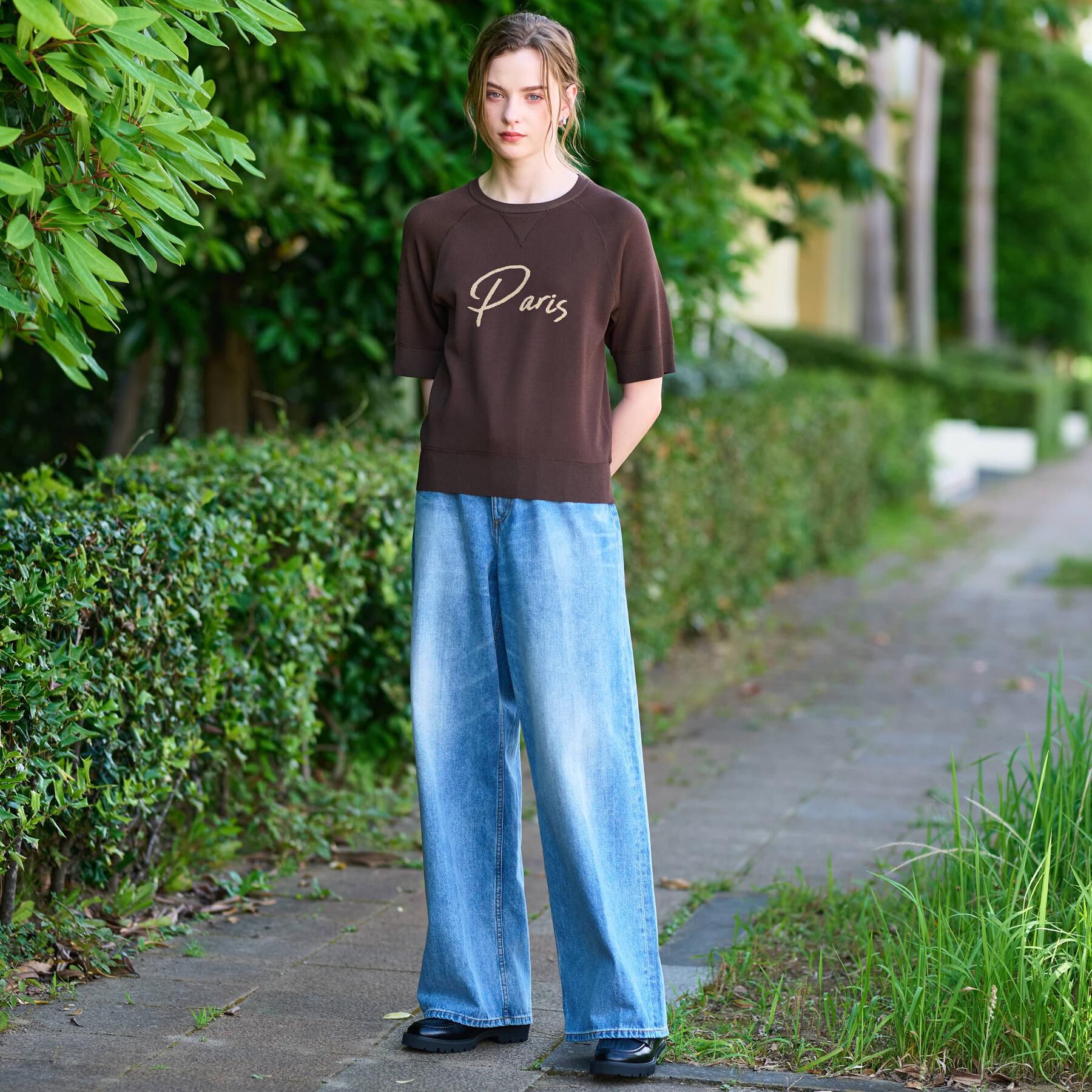 DRESSTERIOR「【洗える/オリジナルロゴ】Parisハーフスリーブジャカードニット」|ニット・セーター|