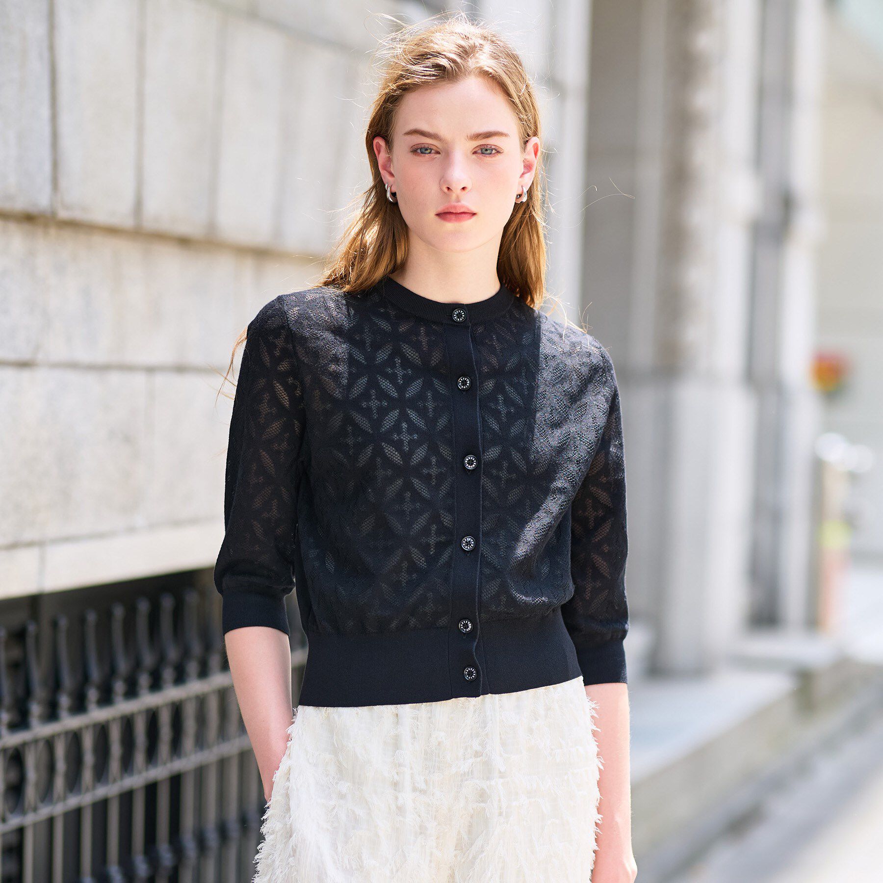 DRESSTERIOR「【洗える/シアー素材】オーバーラップレースハーフスリーブ」|カーディガン|