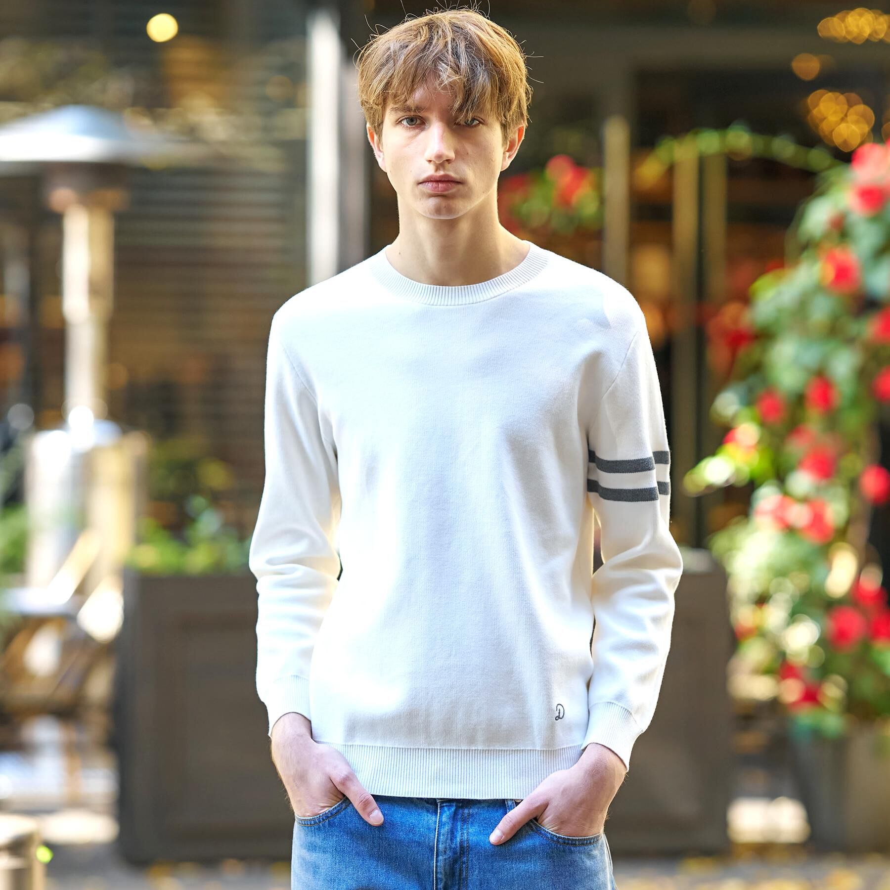 DRESSTERIOR「【ウォッシャブル】コットンスムース アームラインクルーネック」|ニット・セーター|ホワイト(001)