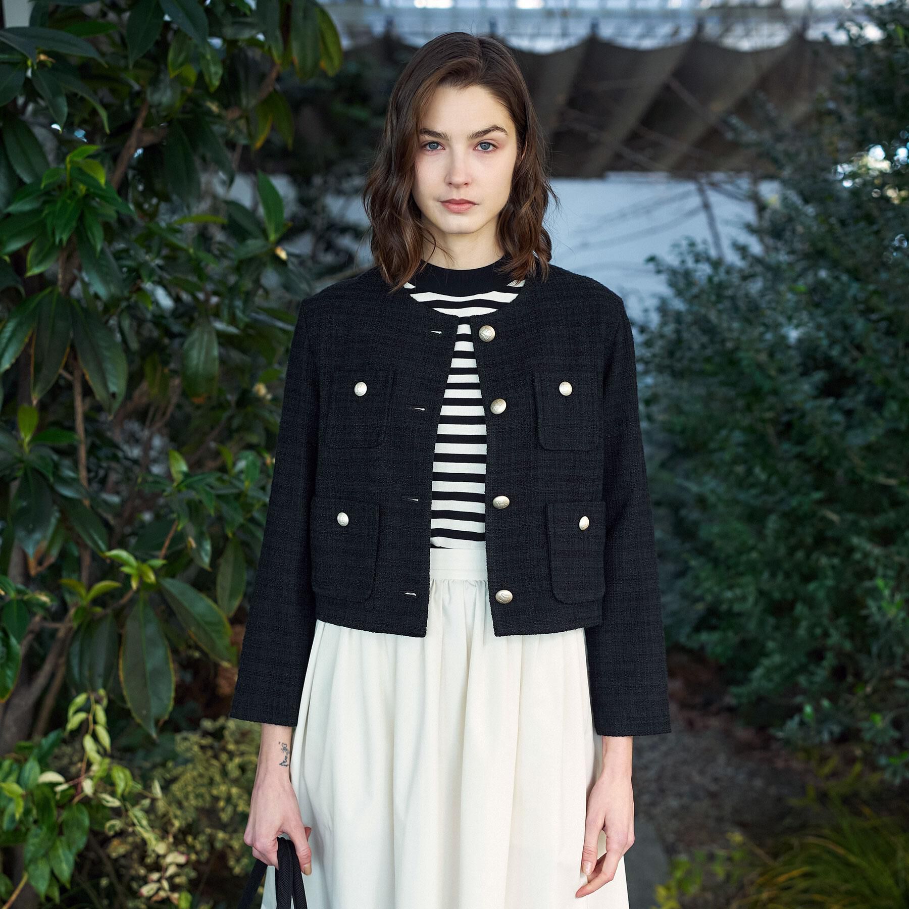 DRESSTERIOR「ブラックファンシーツイードジャケット」|ノーカラージャケット|