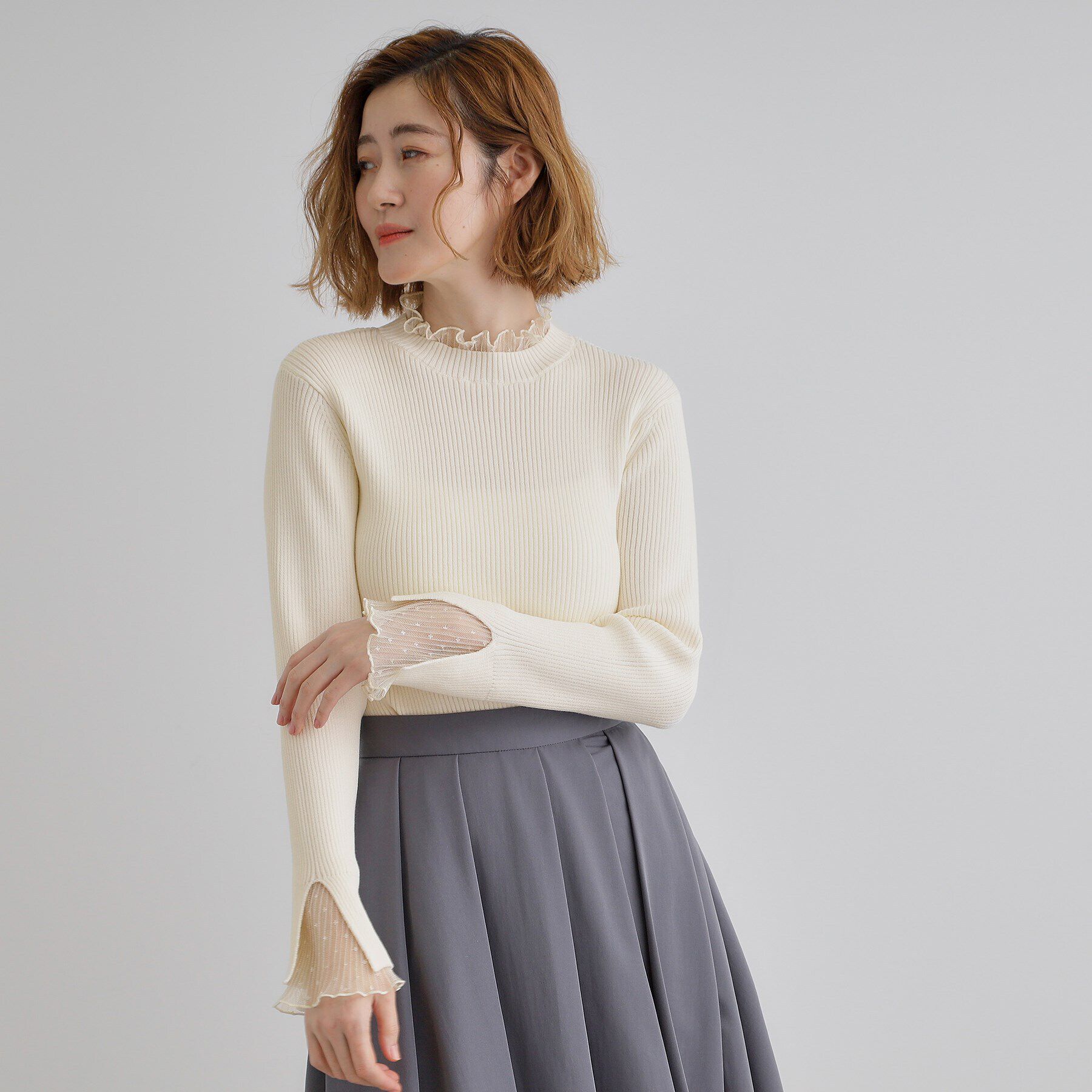 grove「チュールプリーツレイヤードプルオーバー」|ニット・セーター|オフホワイト(003