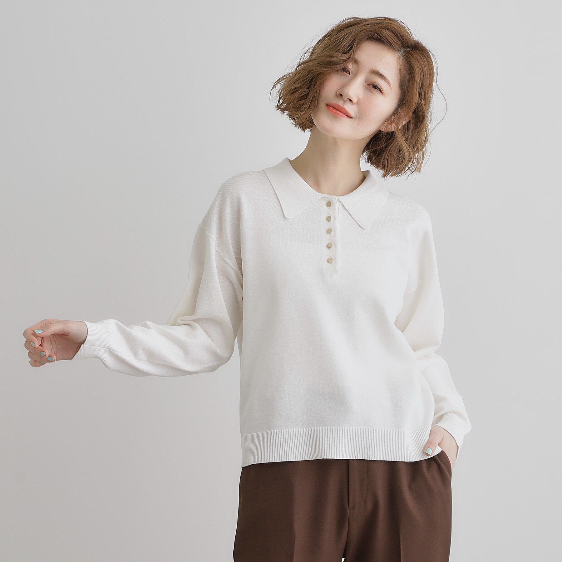 grove「配色ポロニットプルオーバー」|ニット・セーター|オフホワイト(003