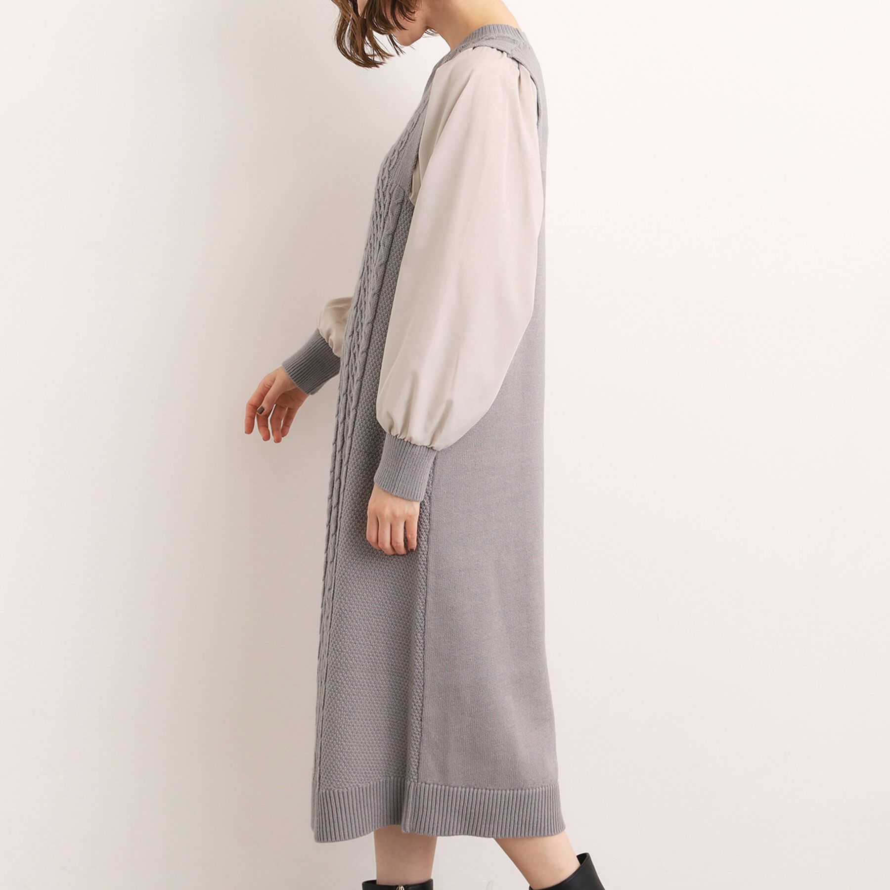 grove「一枚で華やぐ、袖布帛ケーブルニットワンピース」|ワンピース|