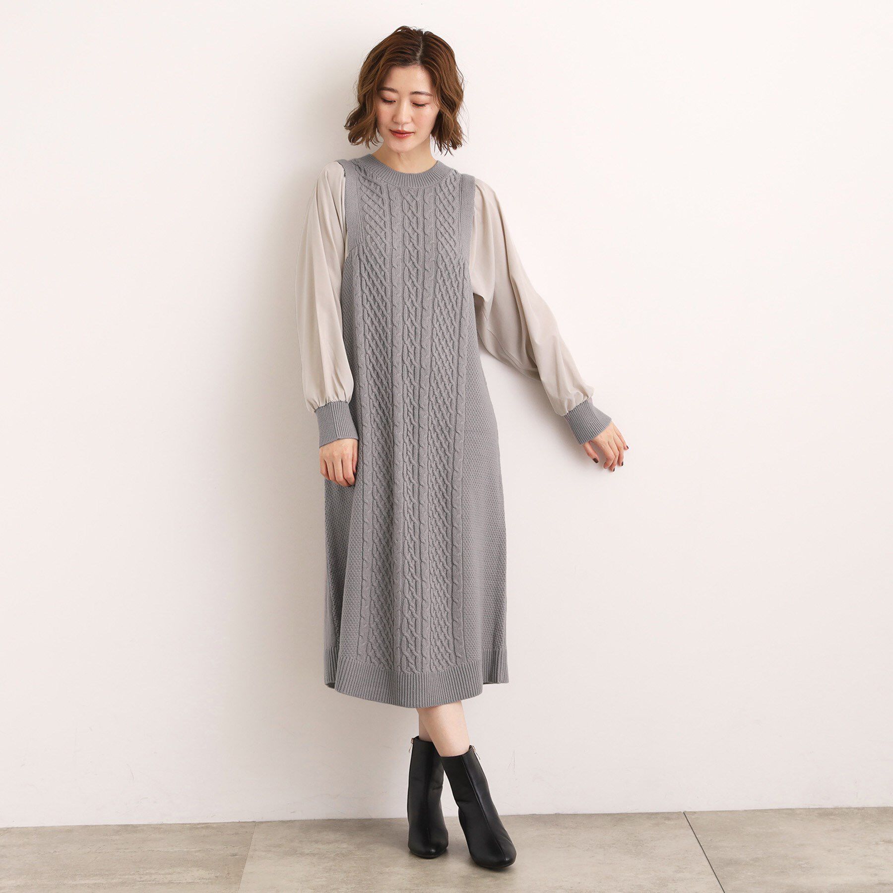 grove「一枚で華やぐ、袖布帛ケーブルニットワンピース」|ワンピース|