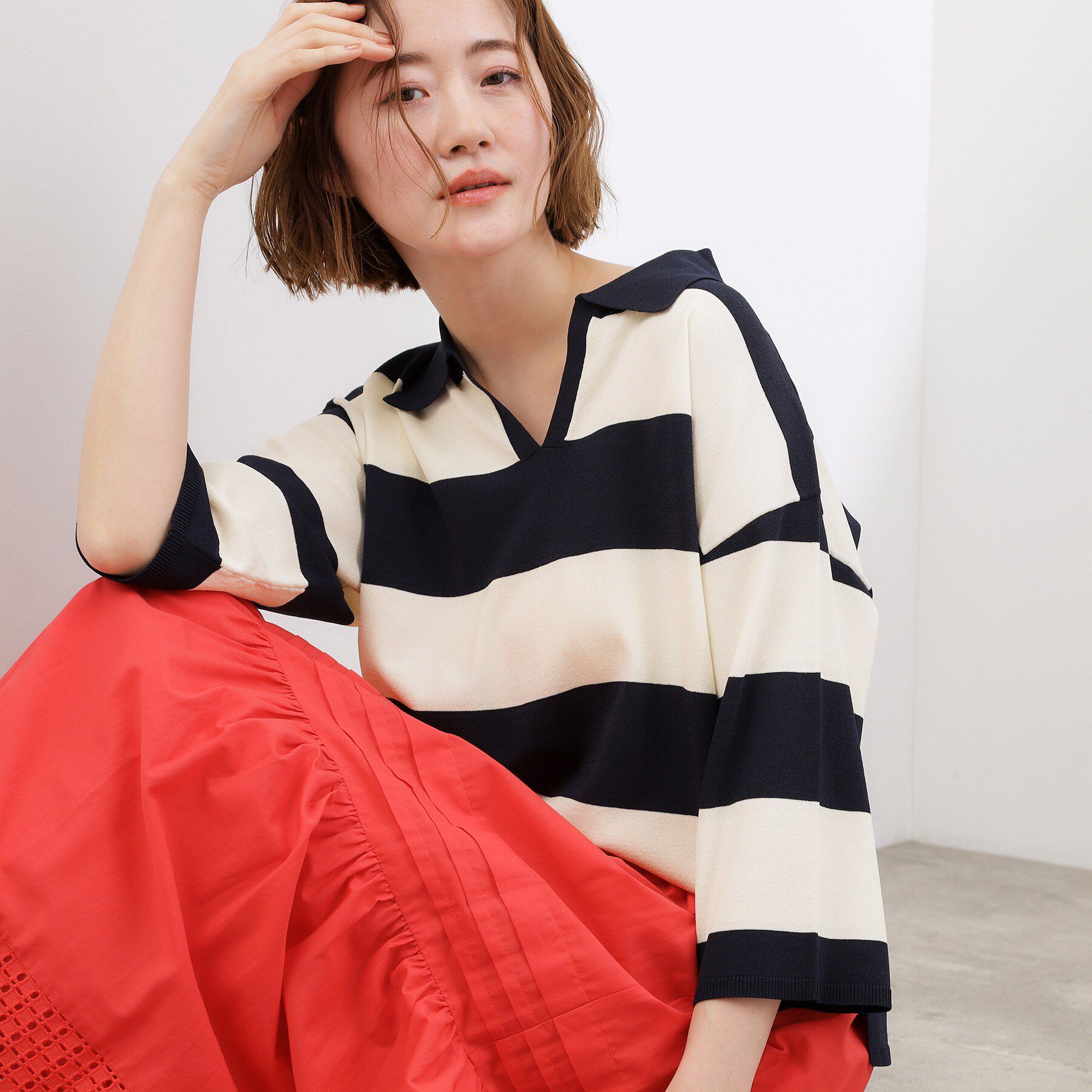 grove「【貴島明日香さん着用】ラガークロップドプルオーバー」|ニット・セーター|ネイビー&times;オフ(39