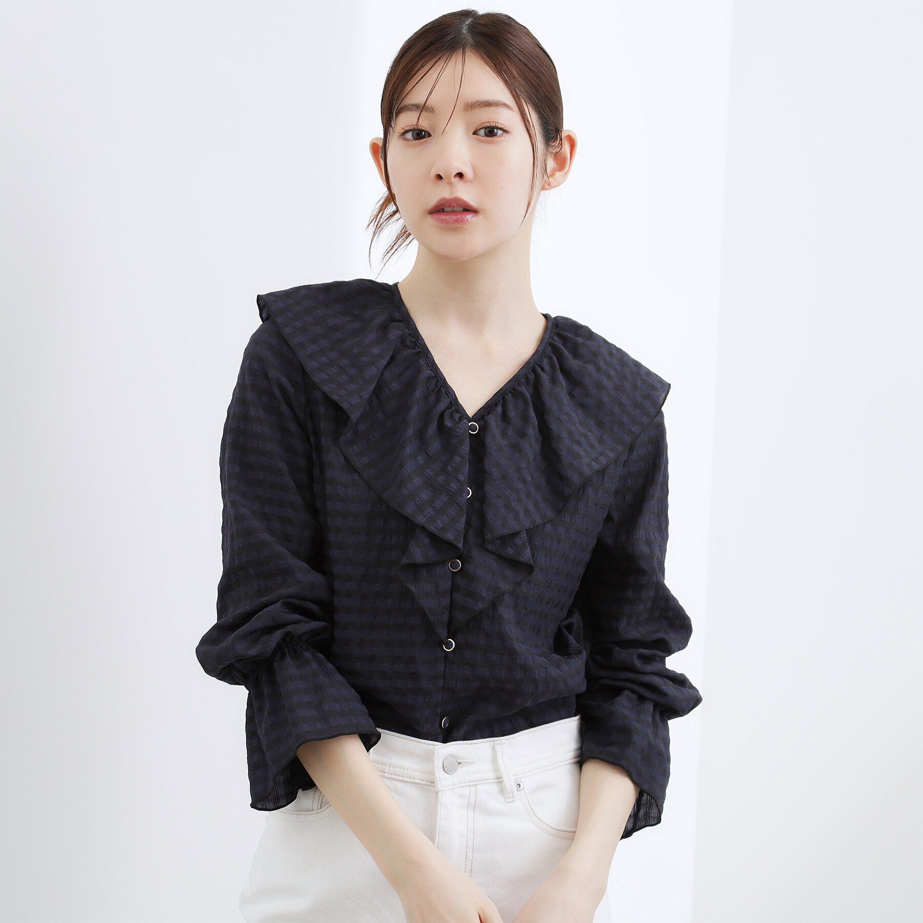 grove「大人の華やぎチェックフリルブラウス」|シャツ・ブラウス|