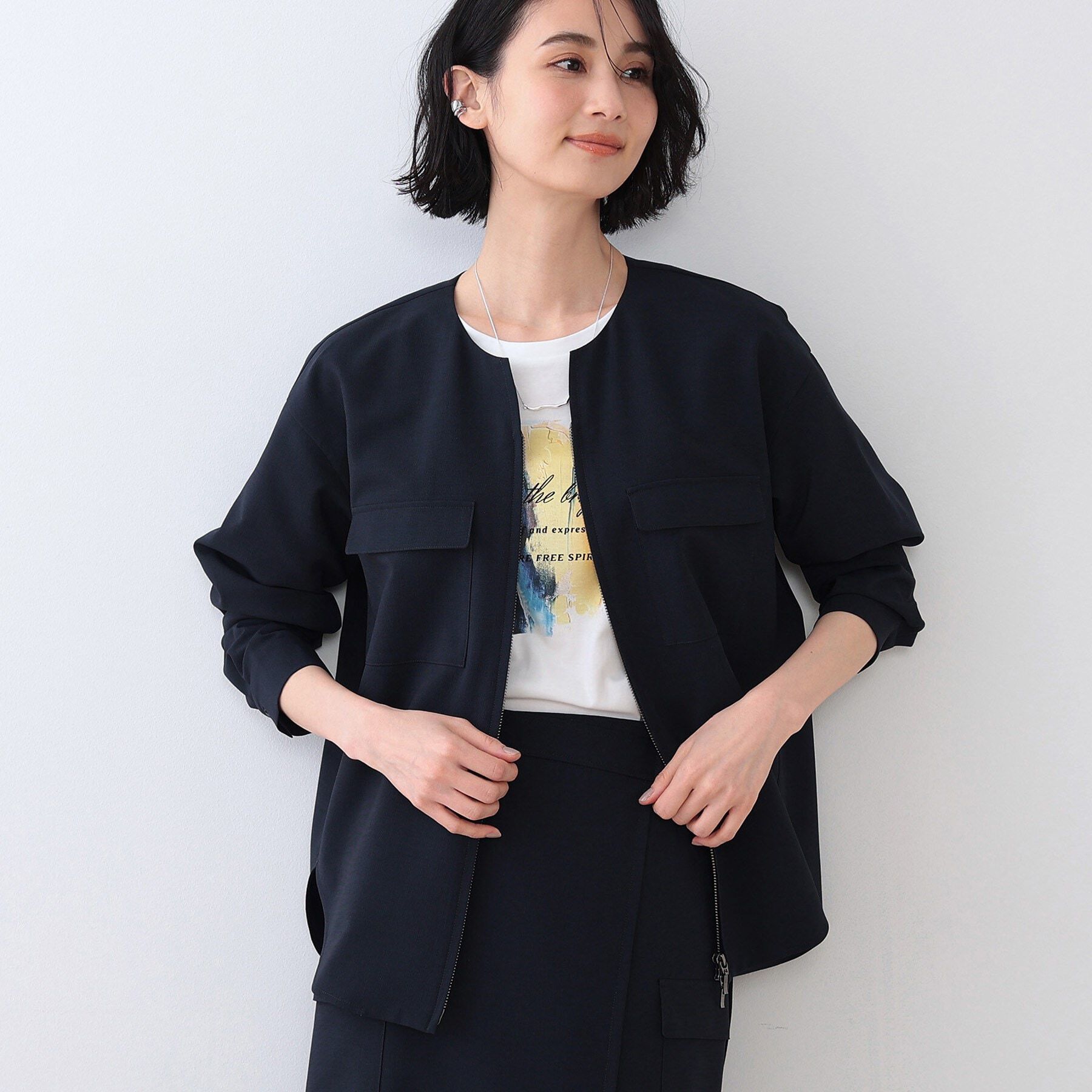 INDIVI「【洗える／SETUP可能】ダブルポケット シャツブルゾン」|シャツ・ブラウス|ネイビー(094)