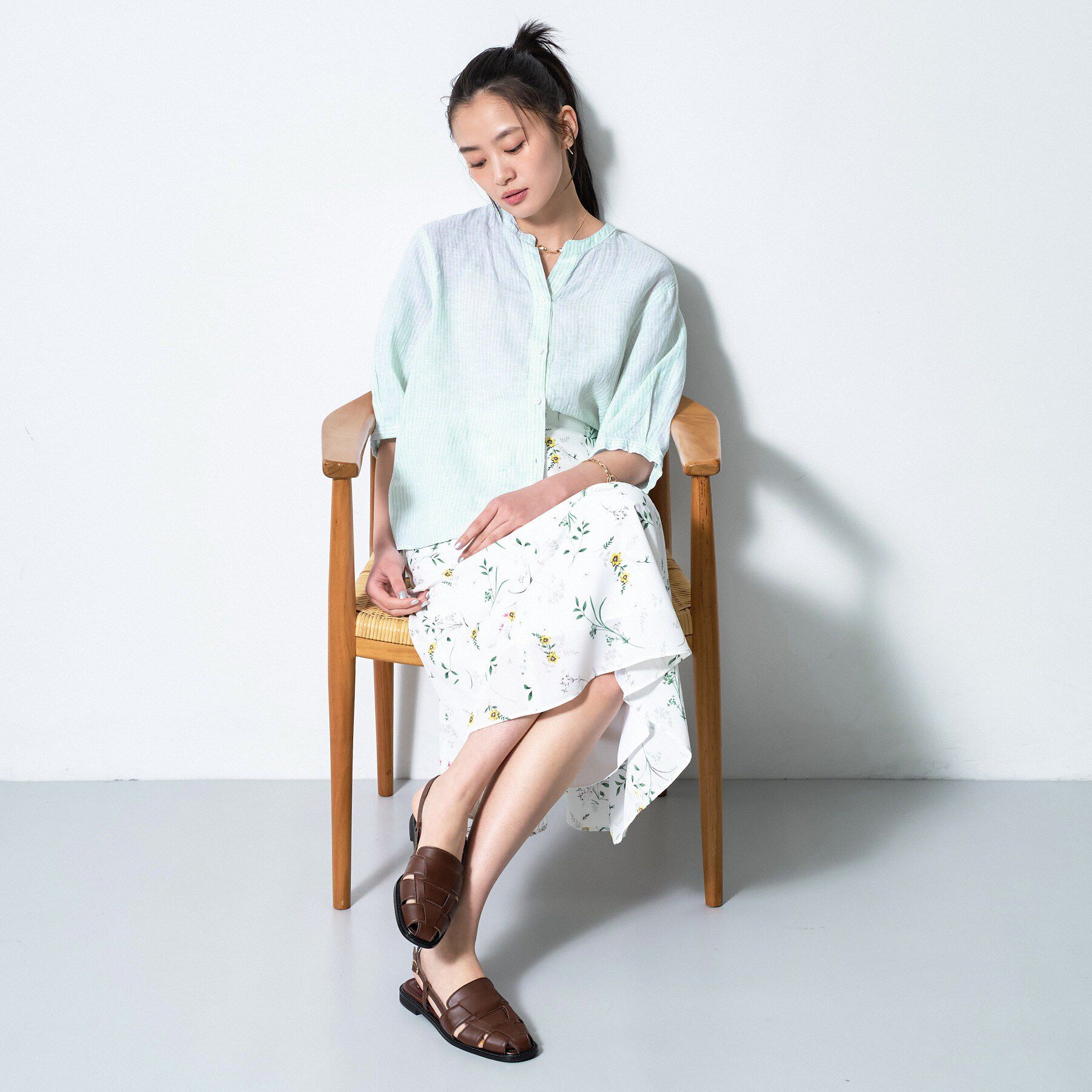 INDIVI「【毎年人気！／フレンチリネン】5分袖バンドカラーブラウス」|シャツ・ブラウス|