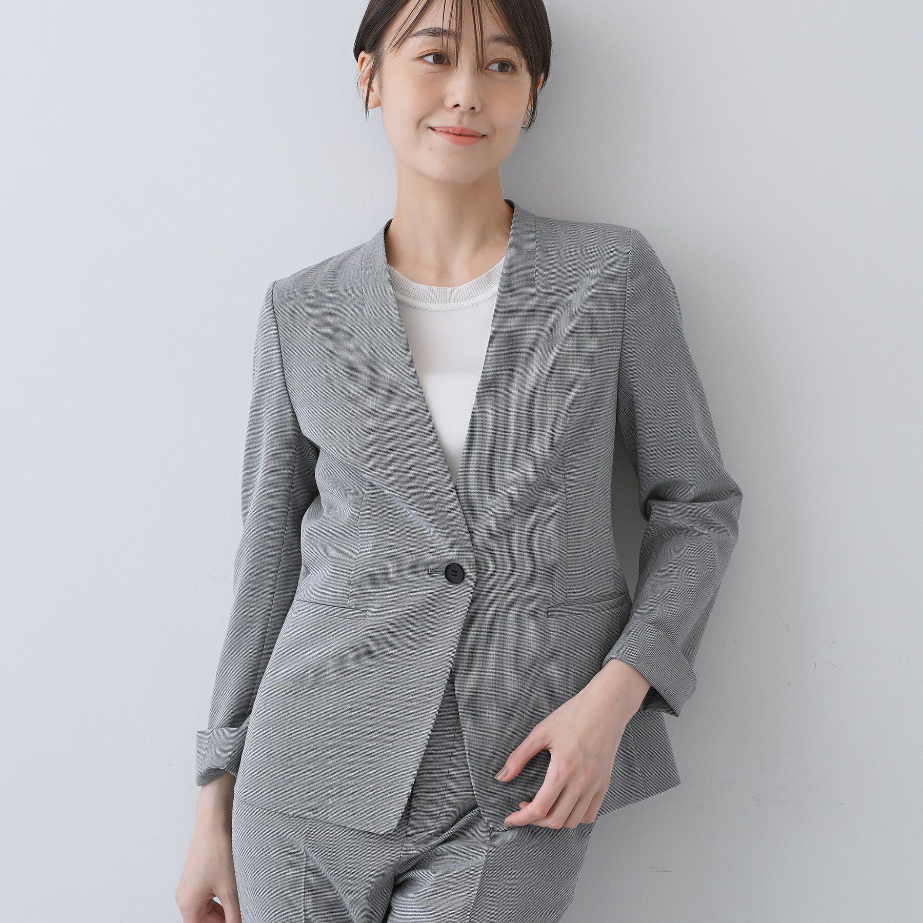 INDIVI「【洗える／夏スーツ】ミニ千鳥柄ノーカラージャケット」|ノーカラージャケット|ブラック(419)