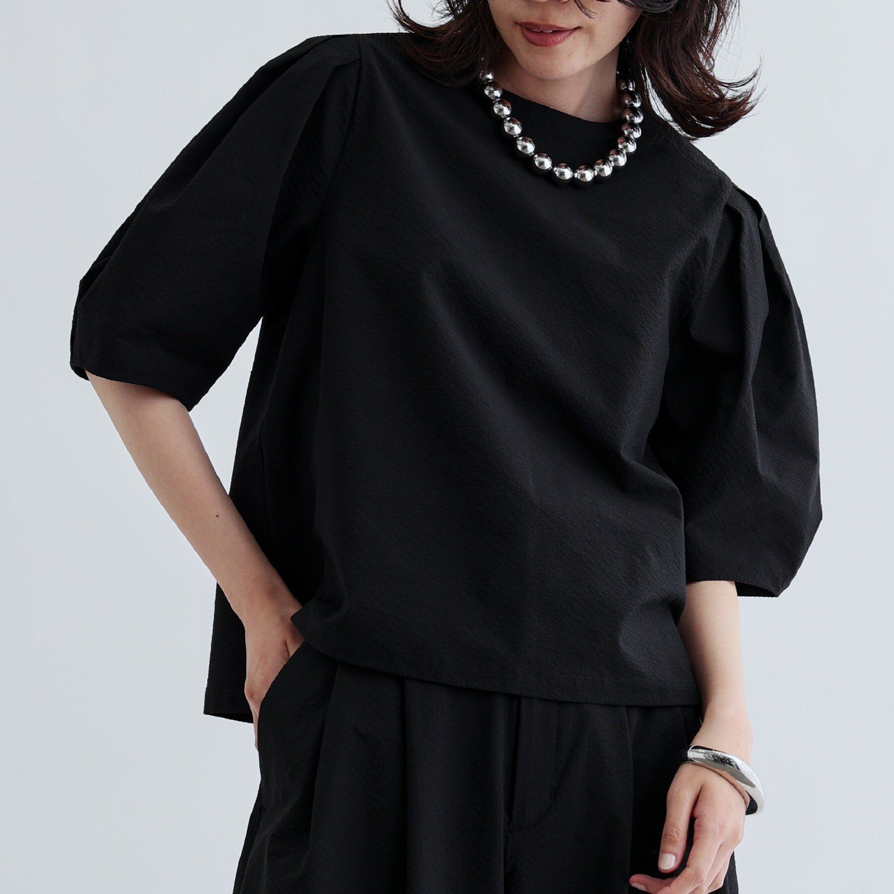 GALLEST「【セットアップ可能】ストライプサッカーブラウス」|シャツ・ブラウス|ブラック(019)