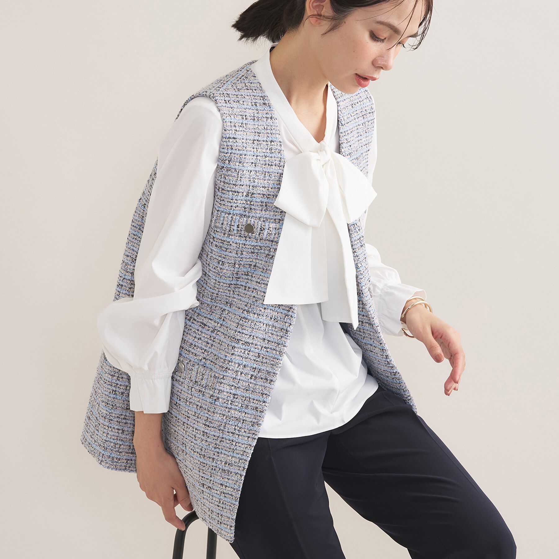 INDIVI「【2点セット／洗える】ツイードジレ＆ボウタイブラウス」|その他|