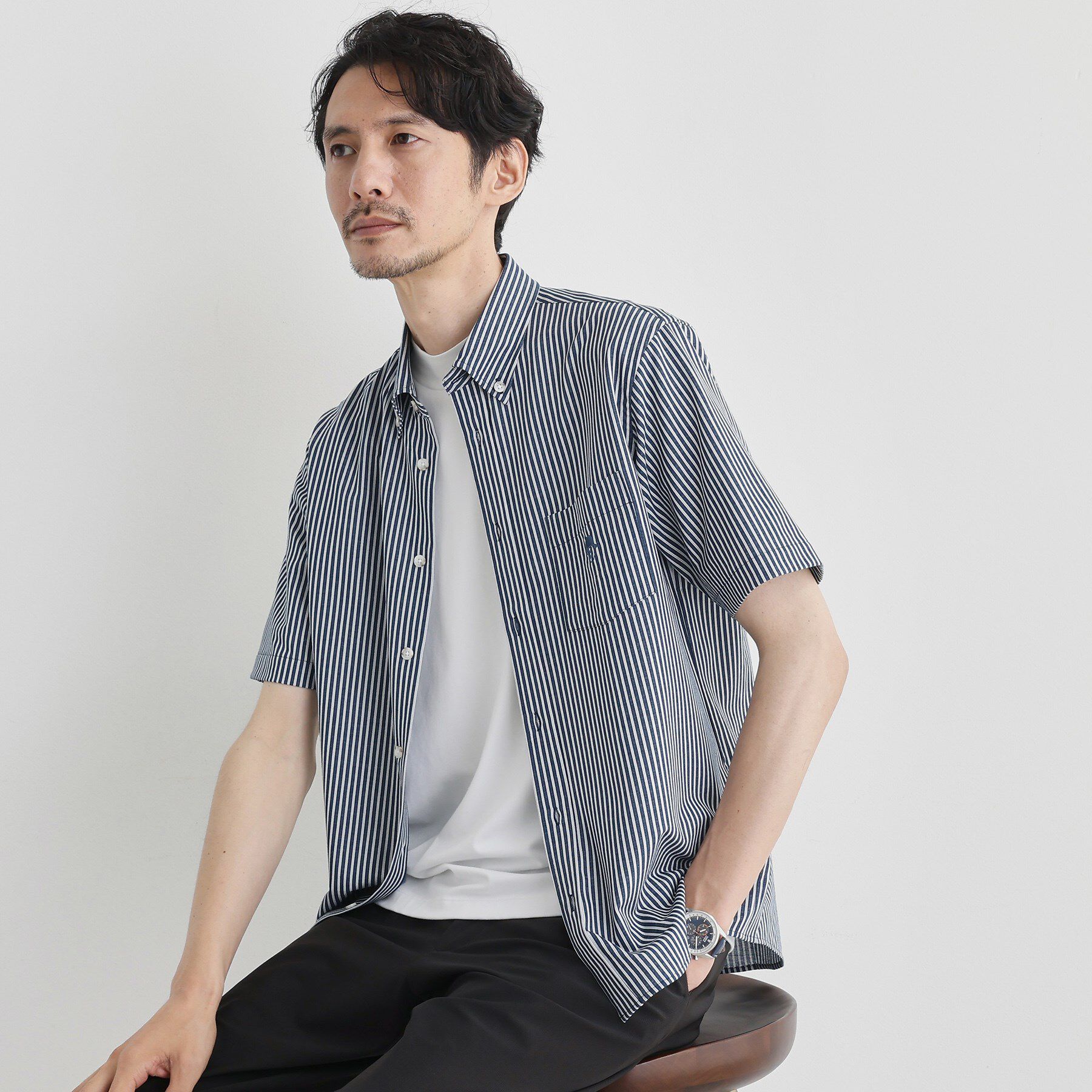 TAKEO KIKUCHI「【COOL CITY WEAR】ストライプジャージ ボタンダウンシャツ /接触冷感」|シャツ・ブラウス|