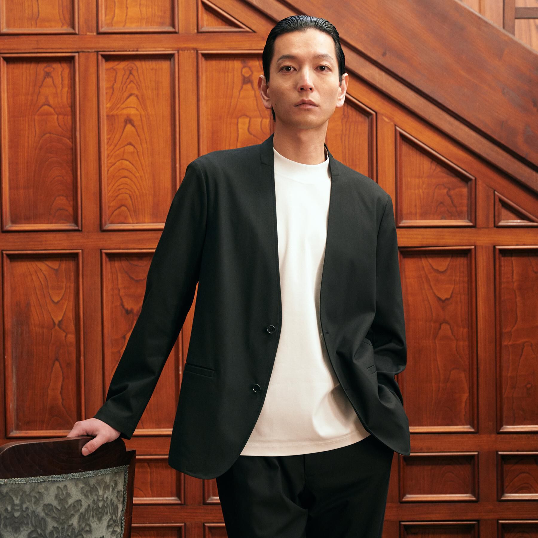 TAKEO KIKUCHI「【ON／OFF兼用】CARREMANファブリック ノーカラージャケット」|ノーカラージャケット|ブラック(019)