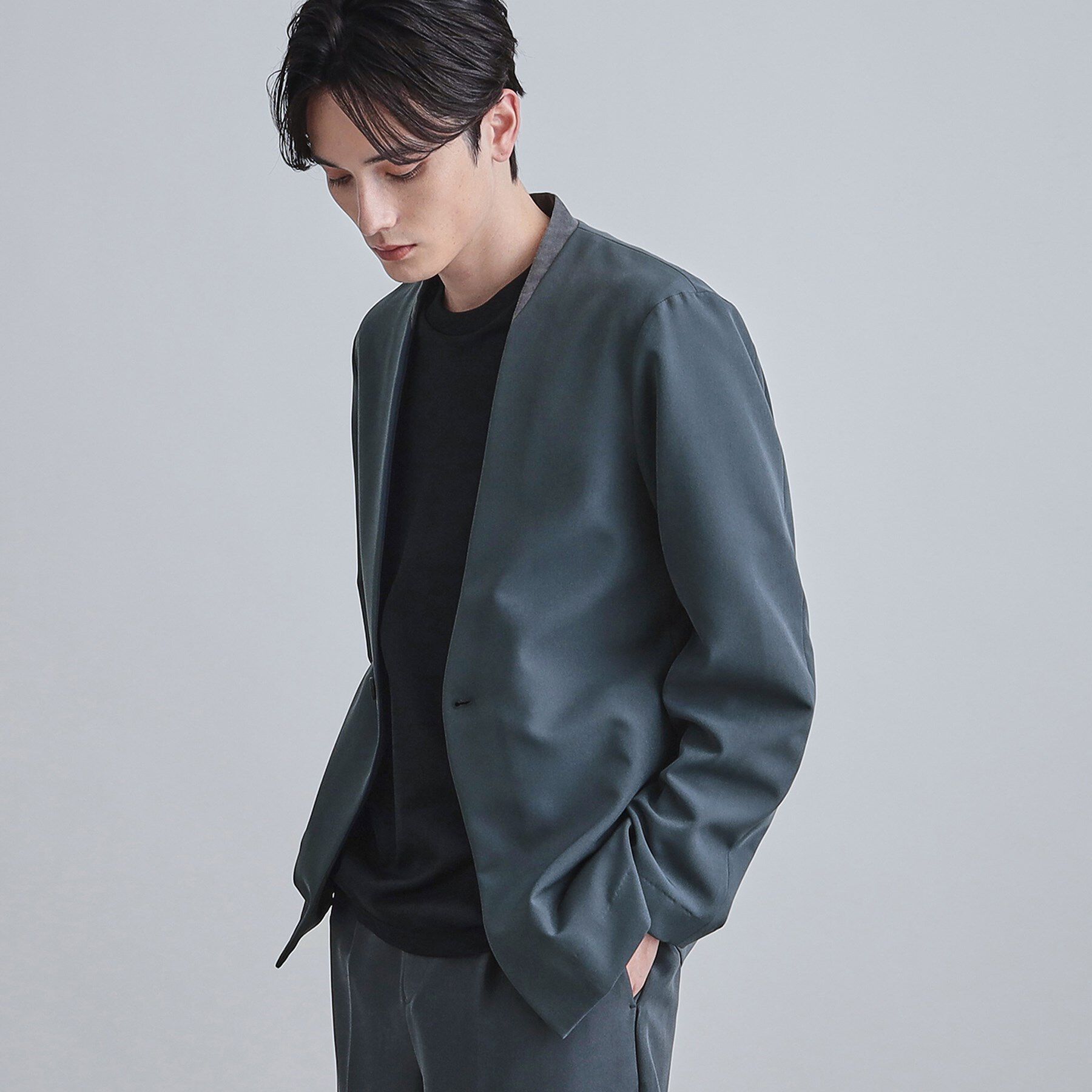 tk.TAKEO KIKUCHI「【セットアップ対応】360度ストレッチノーカラージャケット」|ノーカラージャケット|ブルー(092)