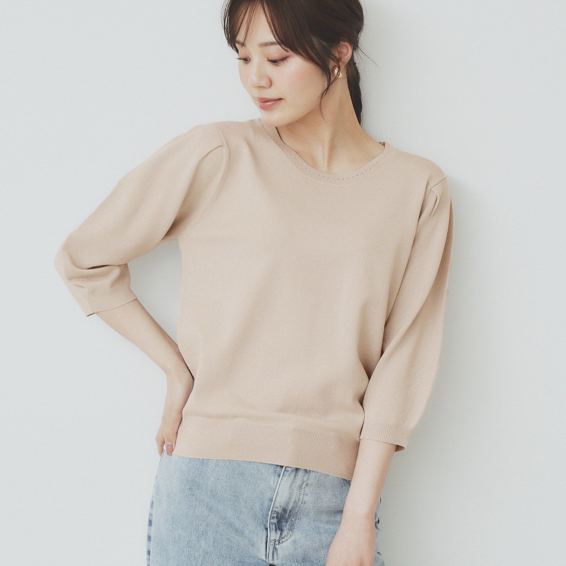 index「《7色展開/XS-LLサイズ》クルーネックデザインスリーブニット【洗濯機洗い可】」|ニット・セーター|ベージュ(603)