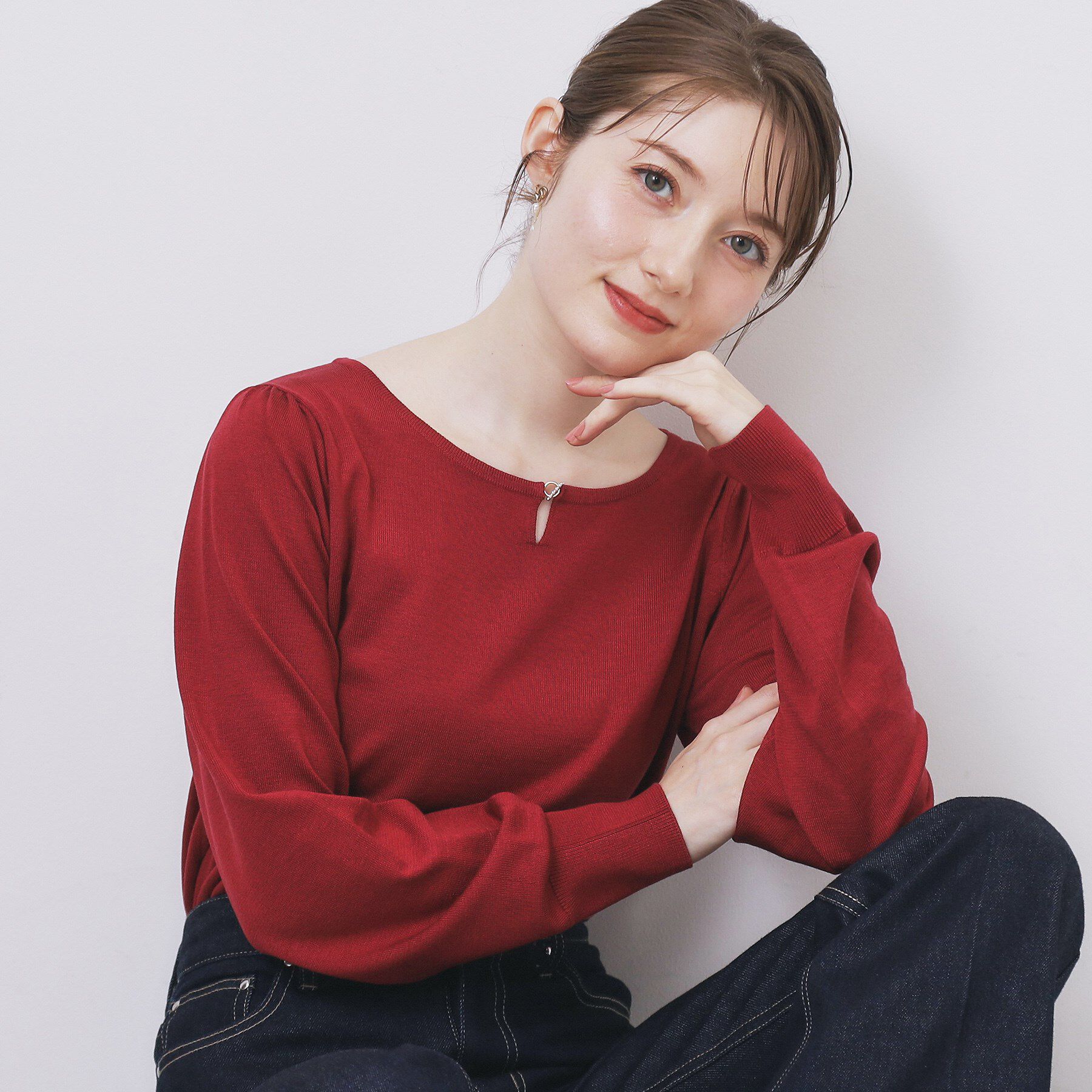 index「パール調パーツ付きクルーネックニット【洗濯機OK】《8col/XS～3L》」|ニット・セーター|ボルドー(064)