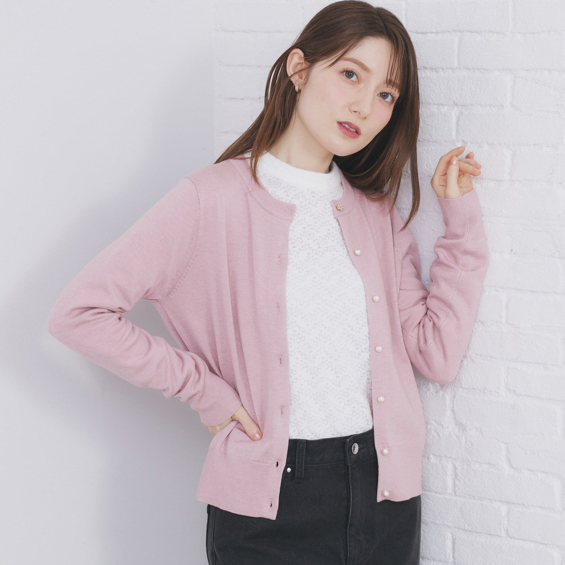 index「ビジュークルーネックカーディガン【洗濯機OK】」|カーディガン|ライトピンク(870