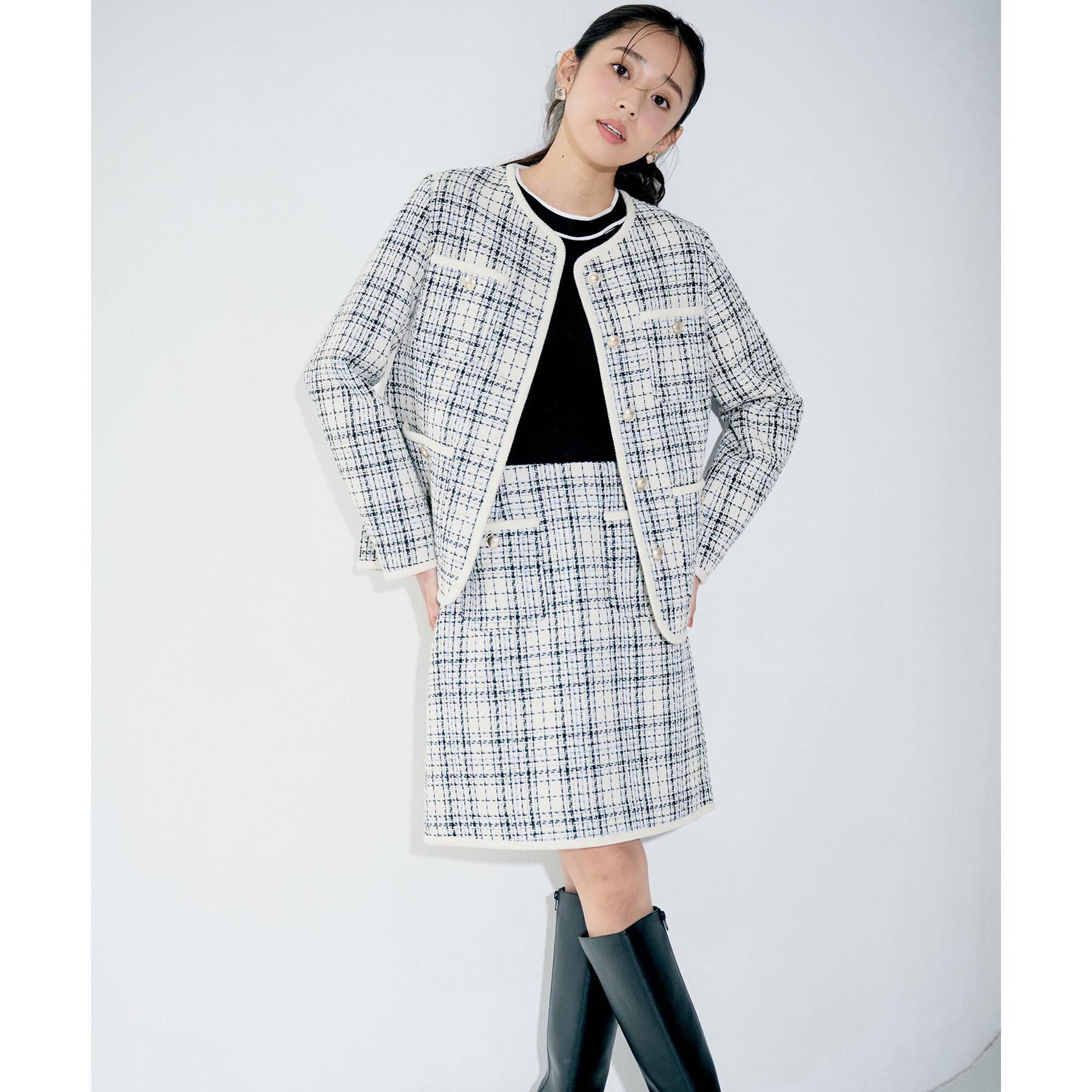 index「チェックツイードジャケットコート/セットアップ対応【洗える】」|ノーカラージャケット|