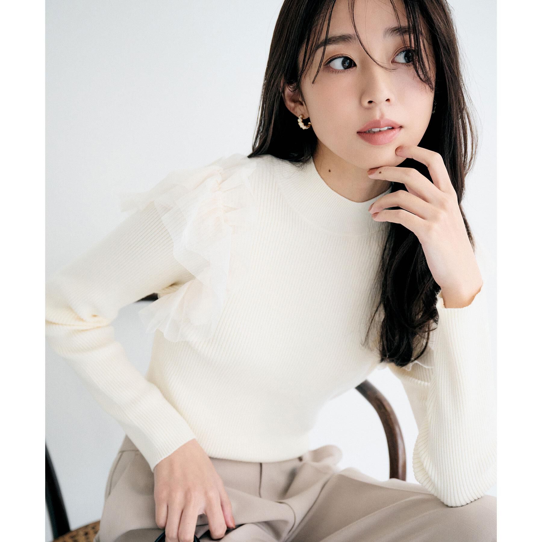index「ショルダーチュールフリルハイネックニット【洗濯機OK/抗ピル】」|ニット・セーター|