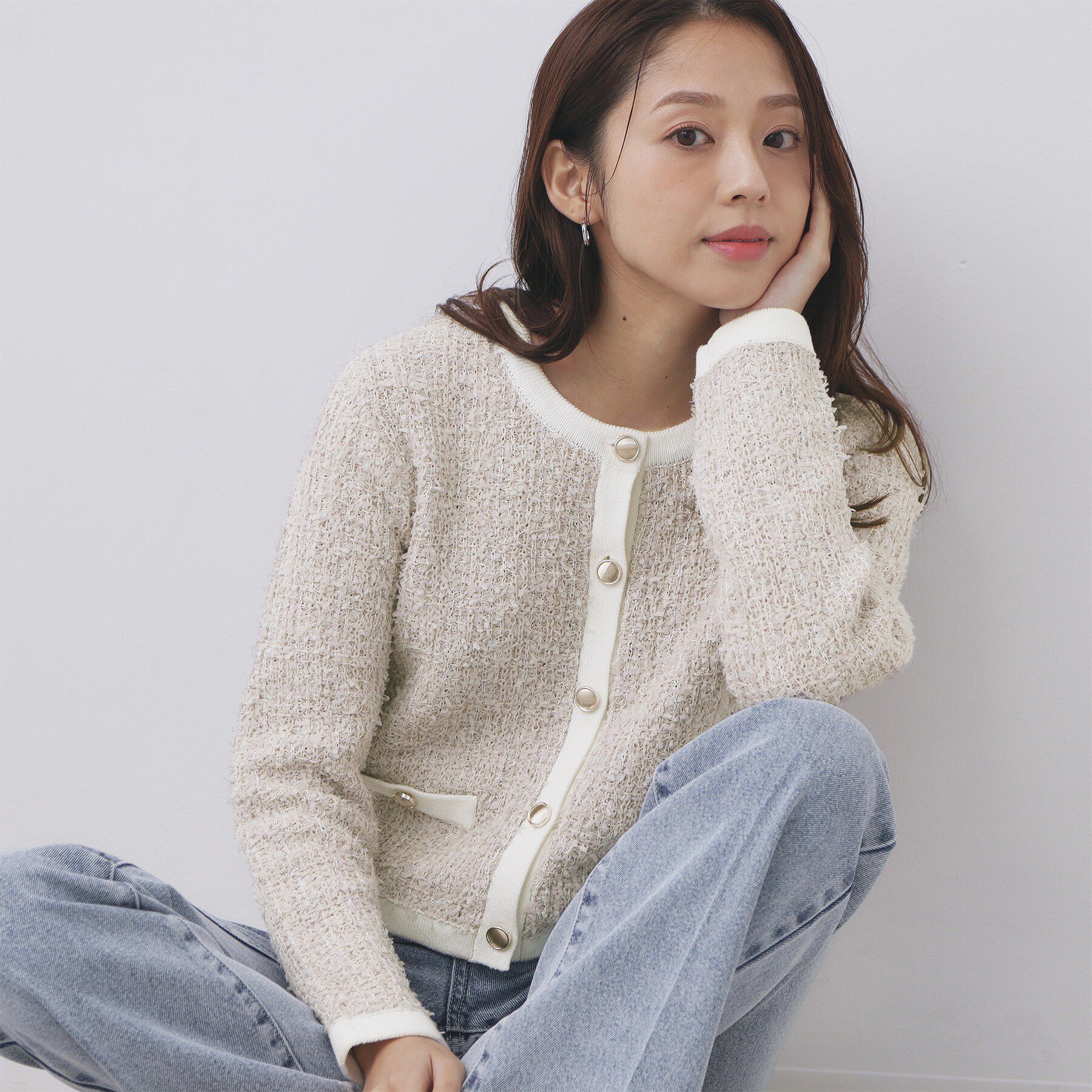 index「ファンシーヤーントリミングカーディガン【洗濯機OK】」|カーディガン|グレージュ(450)