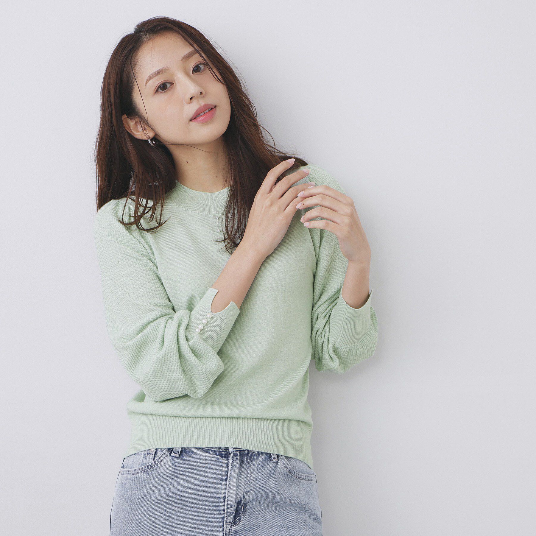 index「柄編みスリーブハイネックニット【洗濯機OK】」|ニット・セーター|ミントグリーン(02