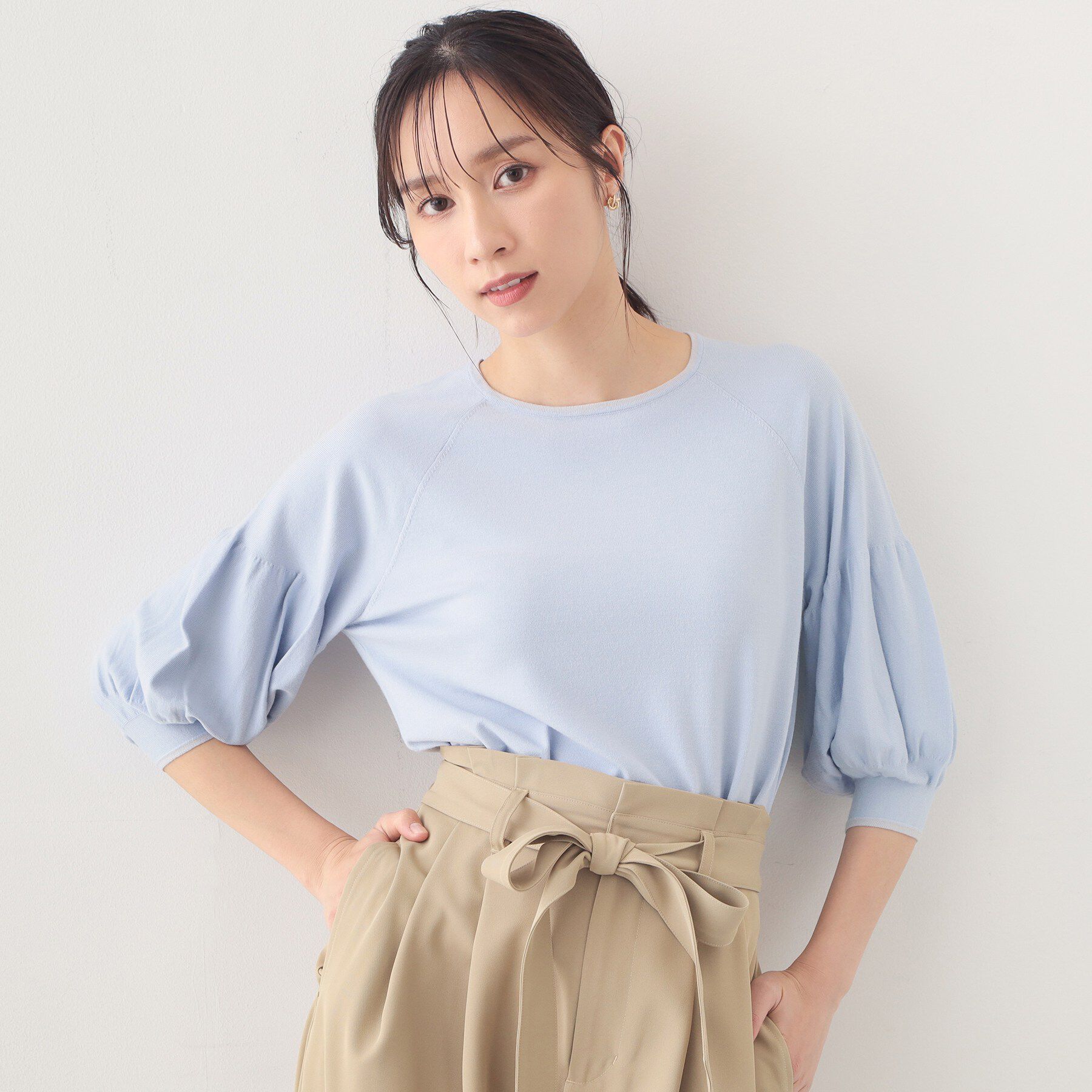 index「バルーン風スリーブバイカラーニット【洗濯機OK】」|ニット・セーター|サックスブルー(09