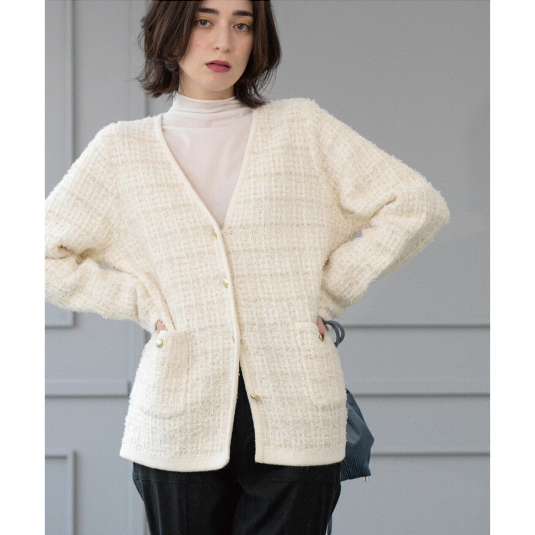 OPAQUE.CLIP「ツイードライクVニットカーディガン【洗濯機洗い可】」|カーディガン|オフホワイト(403
